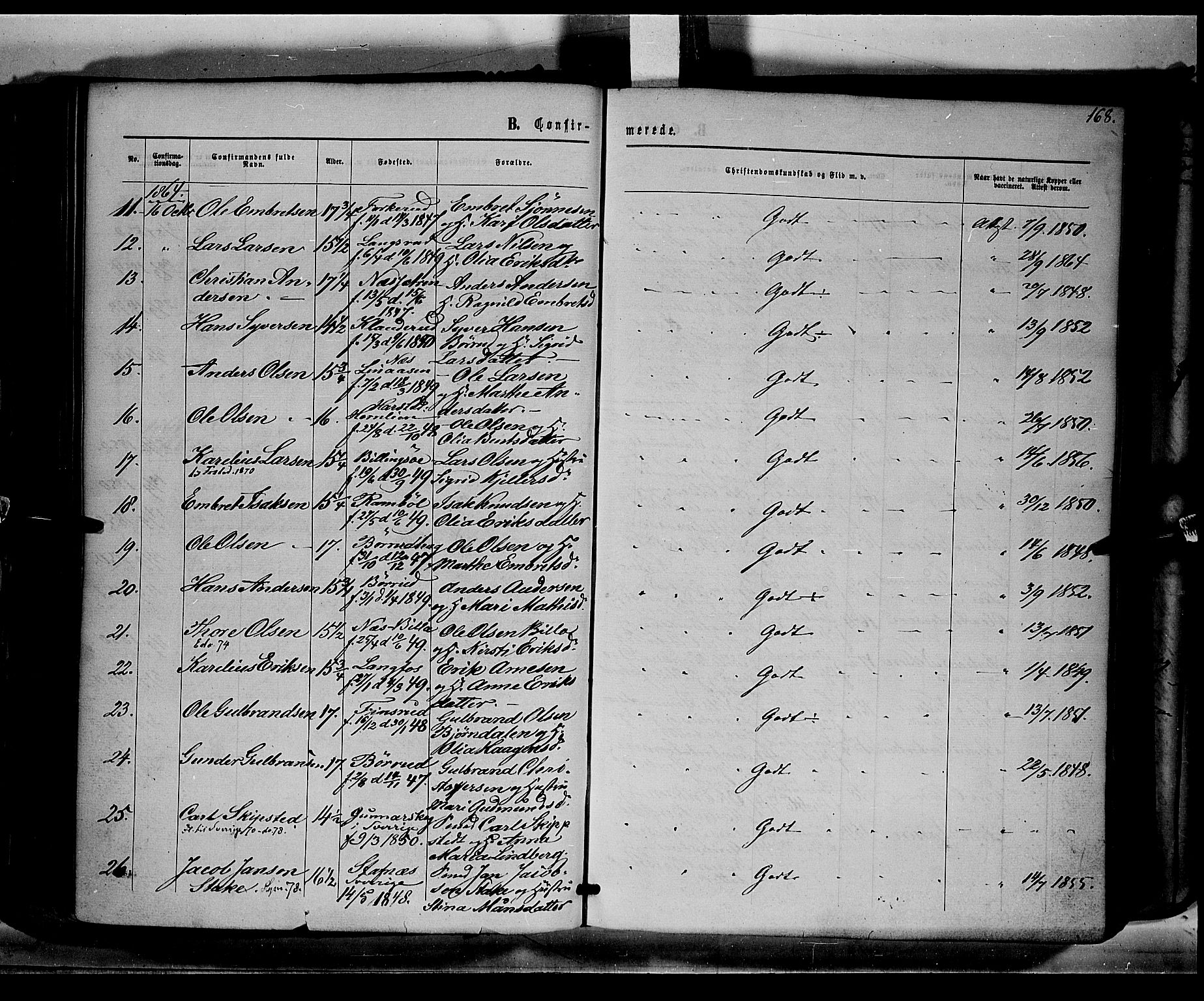 Eidskog prestekontor, AV/SAH-PREST-026/H/Ha/Haa/L0001: Parish register (official) no. 1, 1860-1867, p. 168