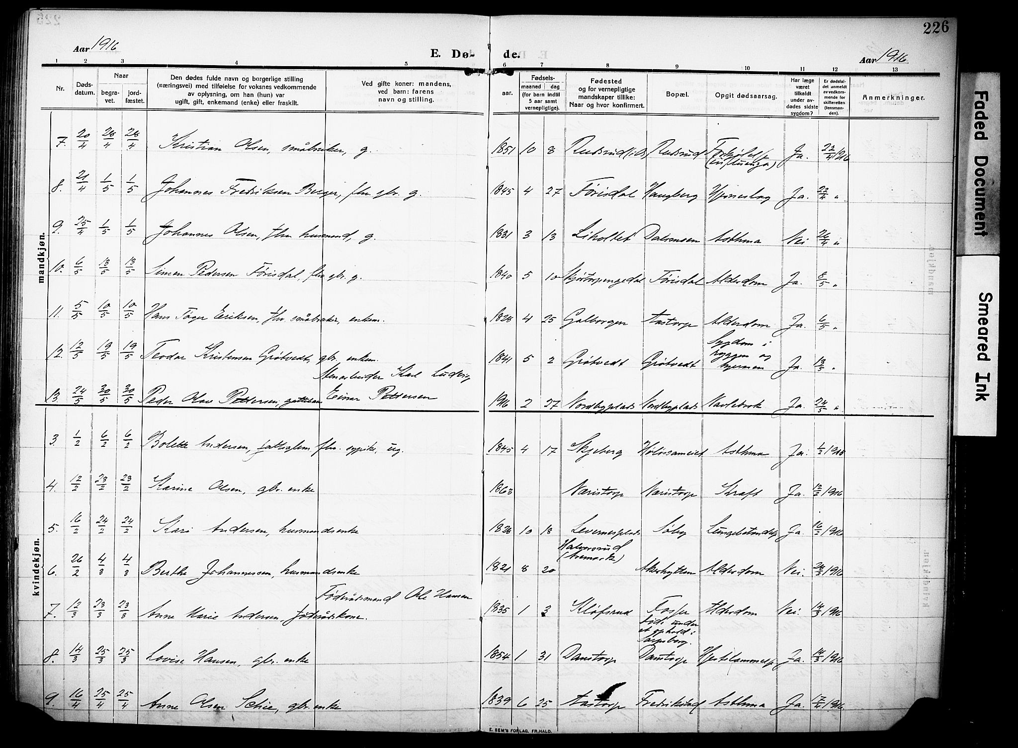 Rakkestad prestekontor Kirkebøker, AV/SAO-A-2008/F/Fa/L0015: Parish register (official) no. I 15, 1909-1922, p. 226