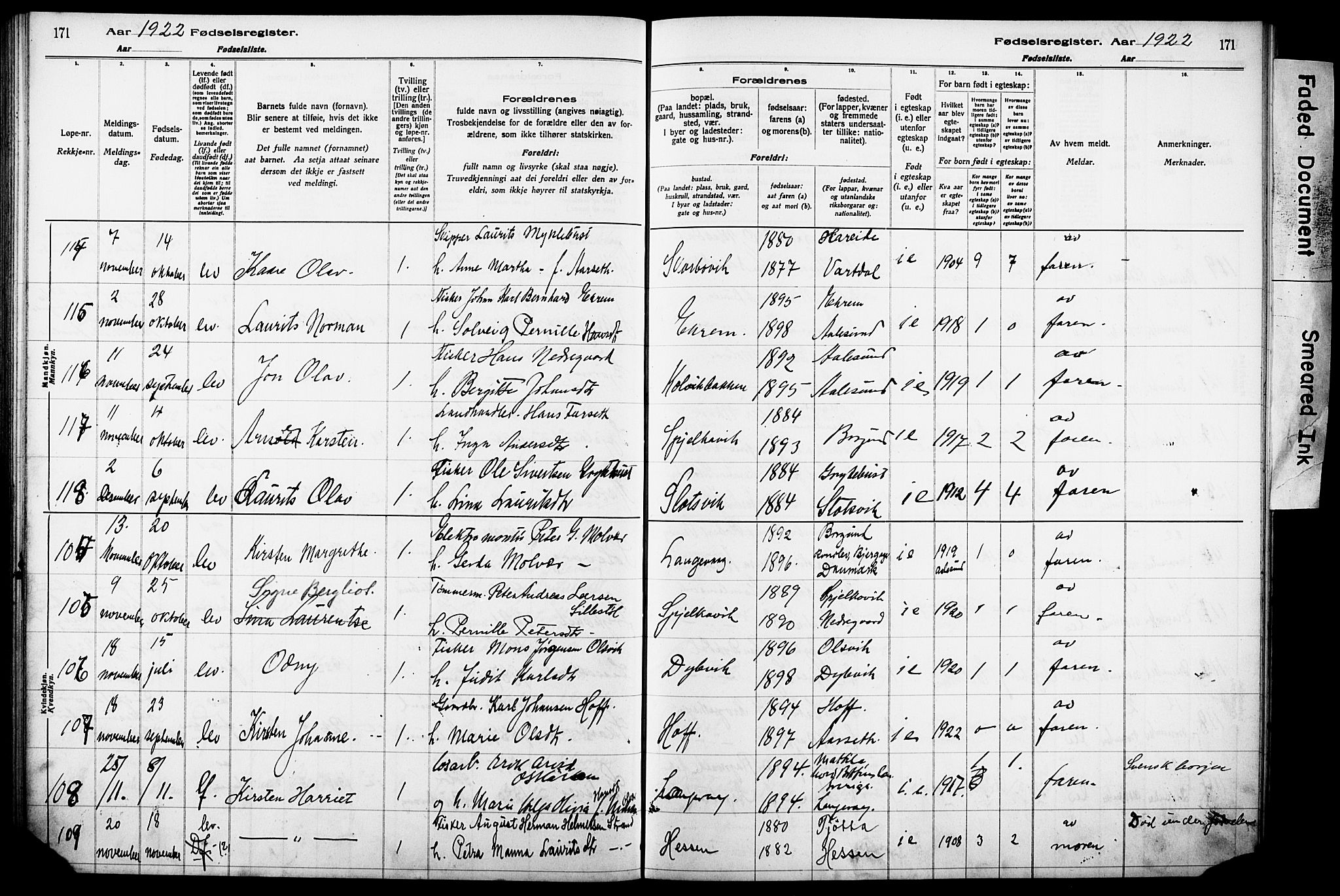 Ministerialprotokoller, klokkerbøker og fødselsregistre - Møre og Romsdal, SAT/A-1454/528/L0442: Birth register no. 528.II.4.1, 1916-1924, p. 171