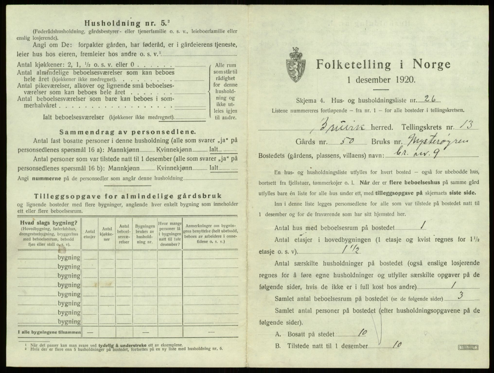 SAB, 1920 census for Bruvik, 1920, p. 933