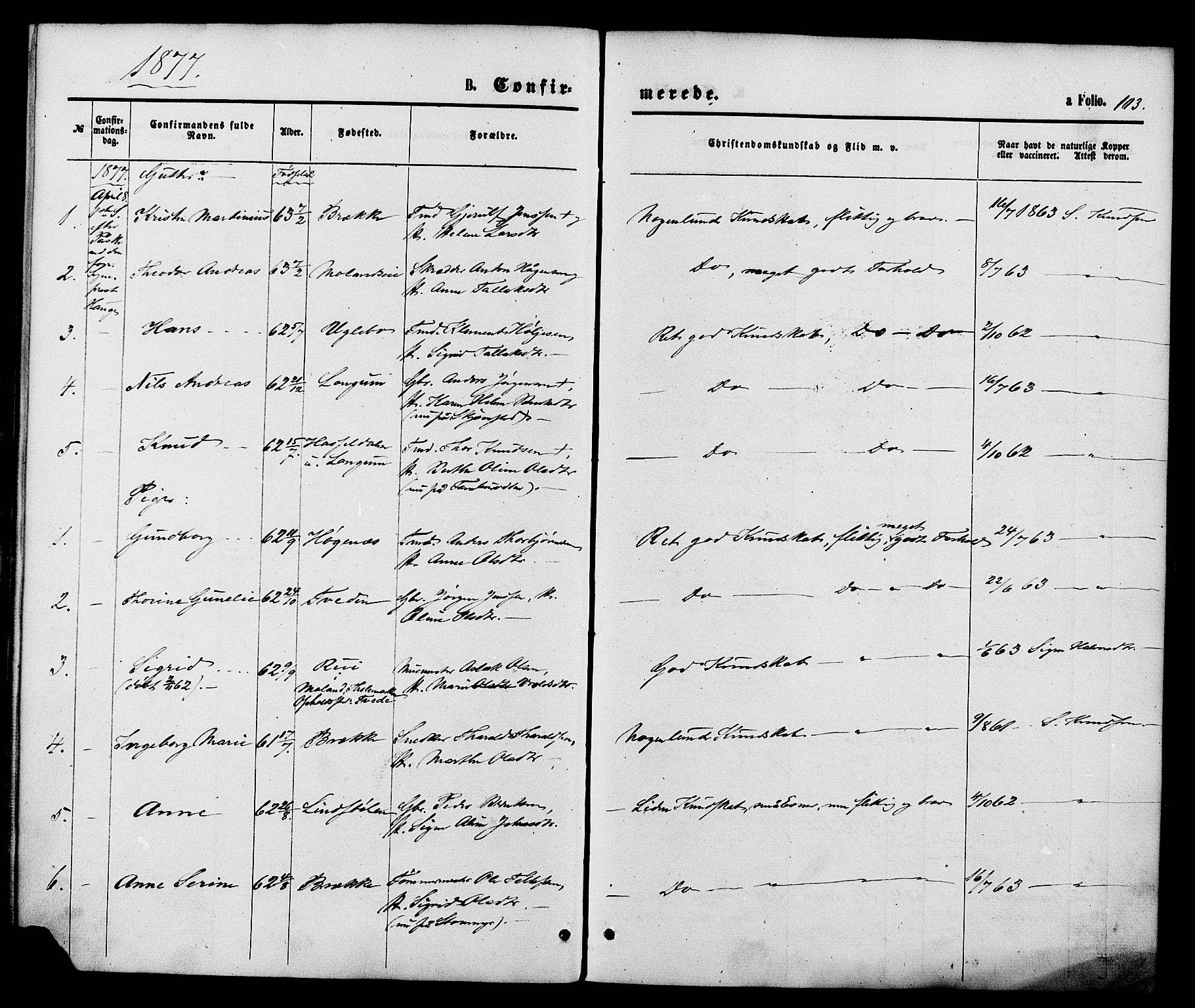 Austre Moland sokneprestkontor, AV/SAK-1111-0001/F/Fa/Faa/L0009: Parish register (official) no. A 9, 1869-1879, p. 103