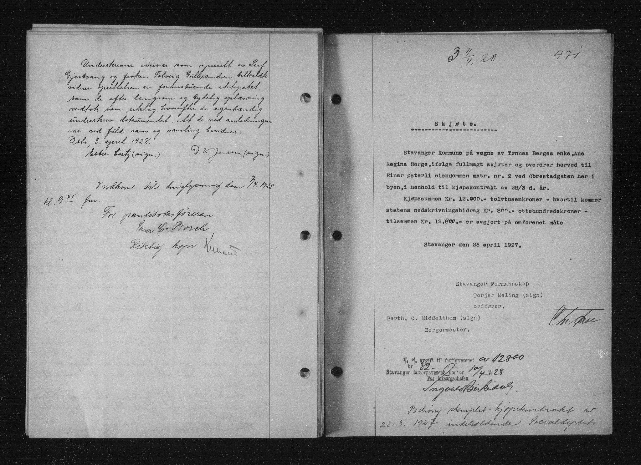 Stavanger byfogd, AV/SAST-A-101408/001/4/41/410/410BB/L0053: Mortgage book no. 41, 1927-1928, Deed date: 11.04.1928