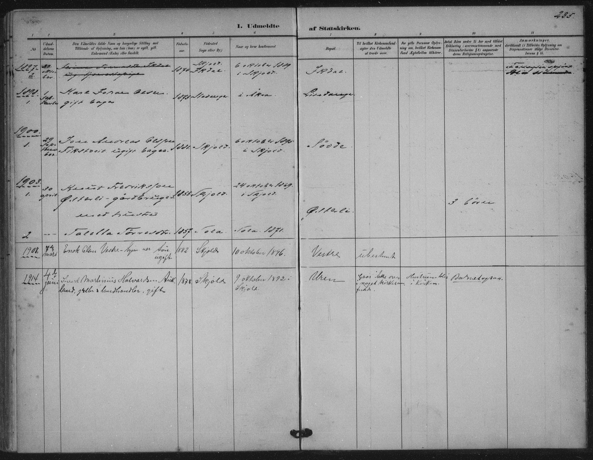 Skjold sokneprestkontor, AV/SAST-A-101847/H/Ha/Haa/L0011: Parish register (official) no. A 11, 1897-1914, p. 235