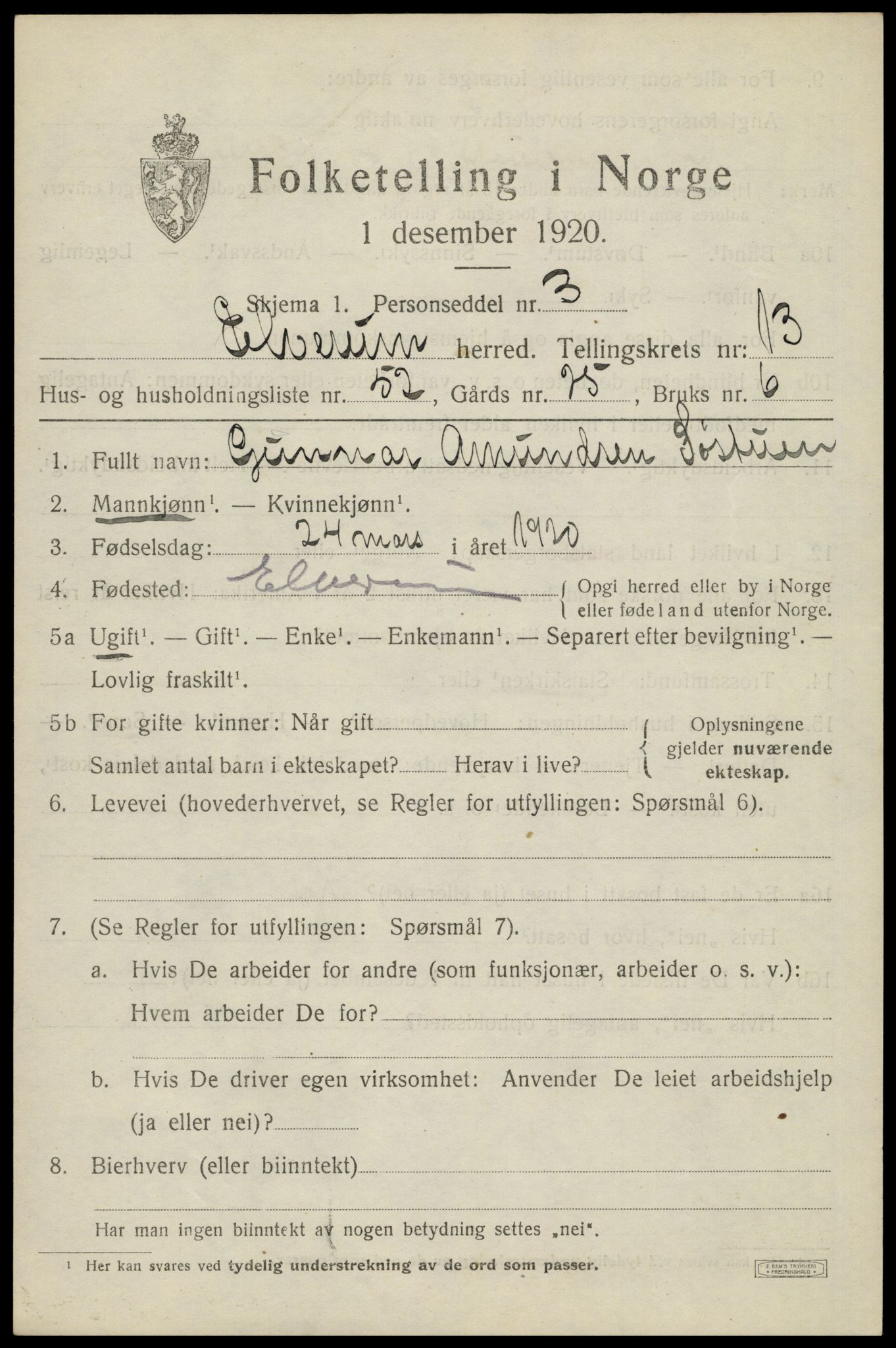 SAH, 1920 census for Elverum, 1920, p. 17998