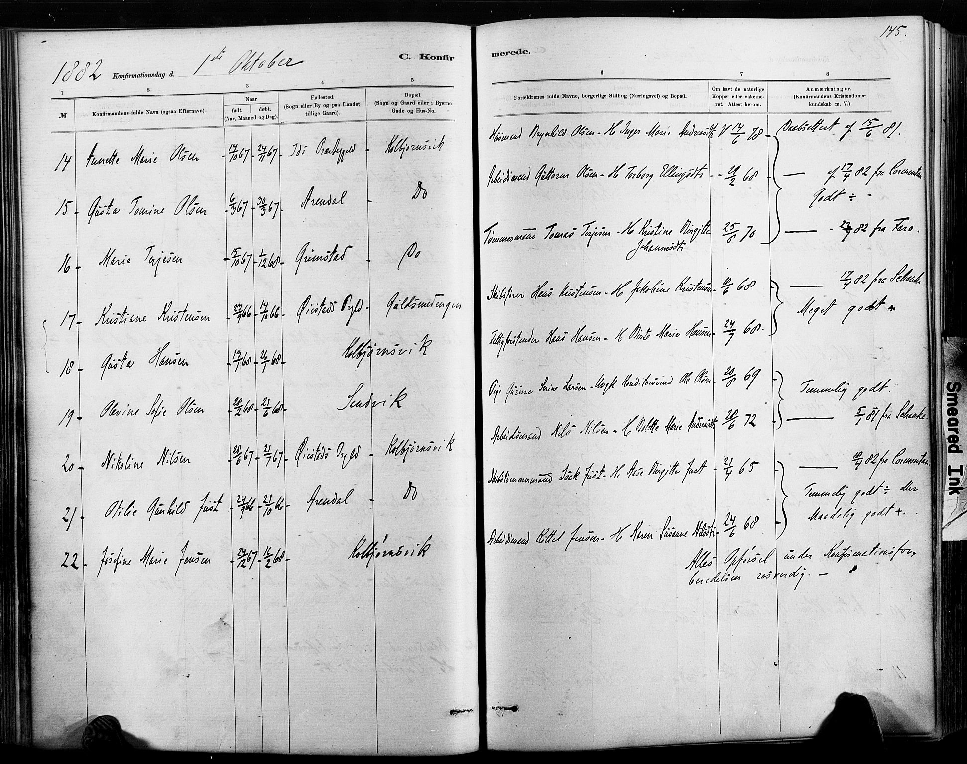 Hisøy sokneprestkontor, AV/SAK-1111-0020/F/Fa/L0003: Parish register (official) no. A 3, 1881-1894, p. 145