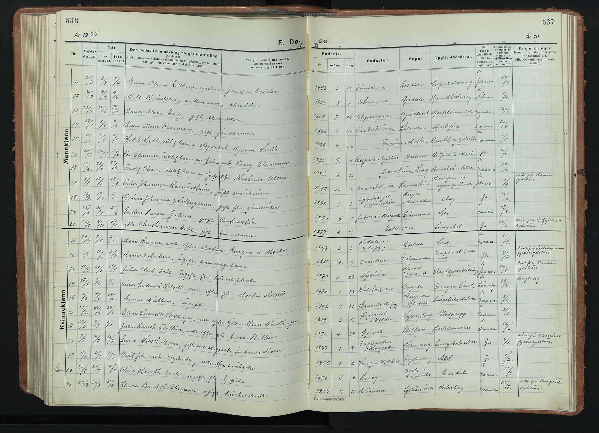 Ringsaker prestekontor, AV/SAH-PREST-014/L/La/L0020: Parish register (copy) no. 20, 1934-1946, p. 536-537