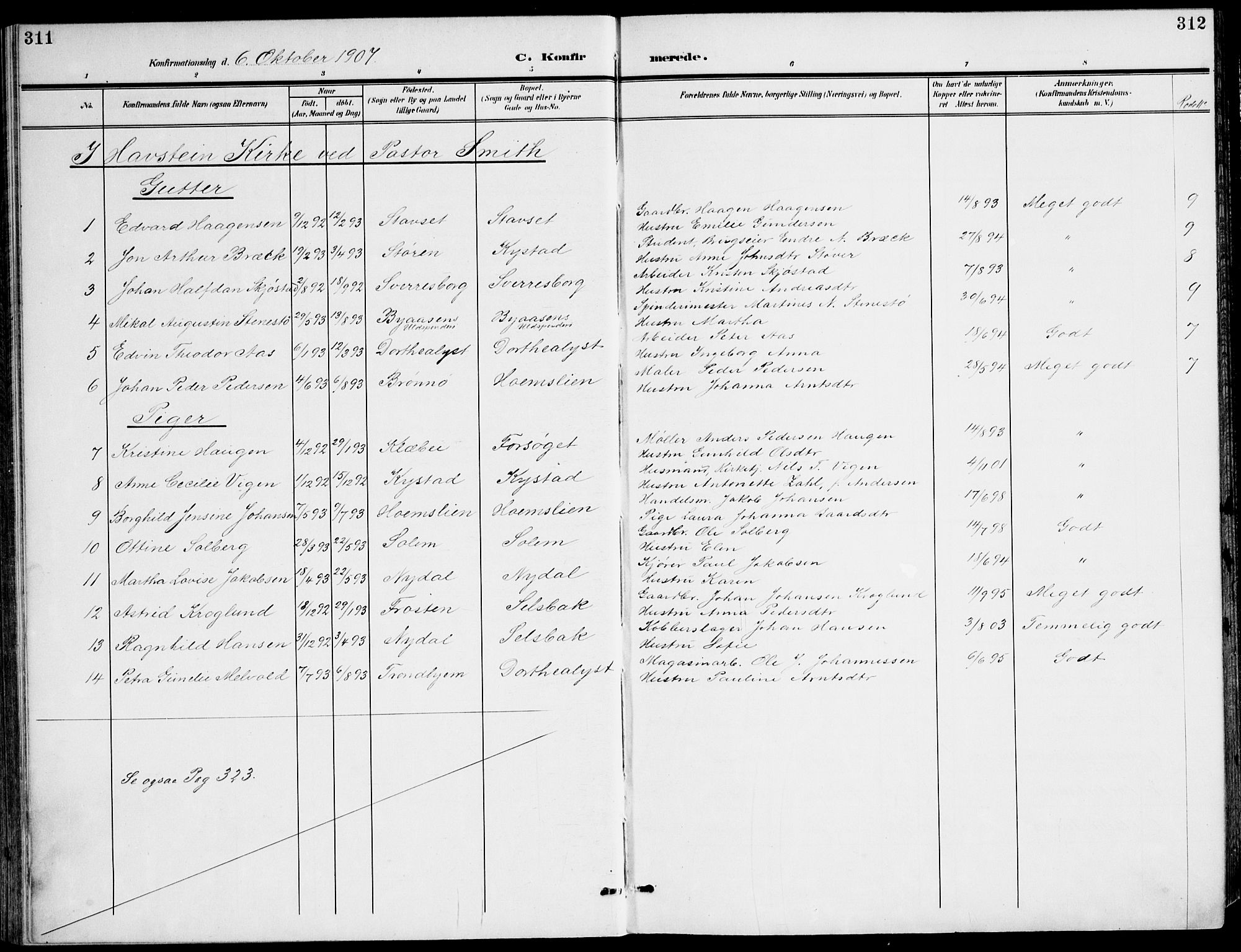 Ministerialprotokoller, klokkerbøker og fødselsregistre - Sør-Trøndelag, AV/SAT-A-1456/607/L0320: Parish register (official) no. 607A04, 1907-1915, p. 311-312