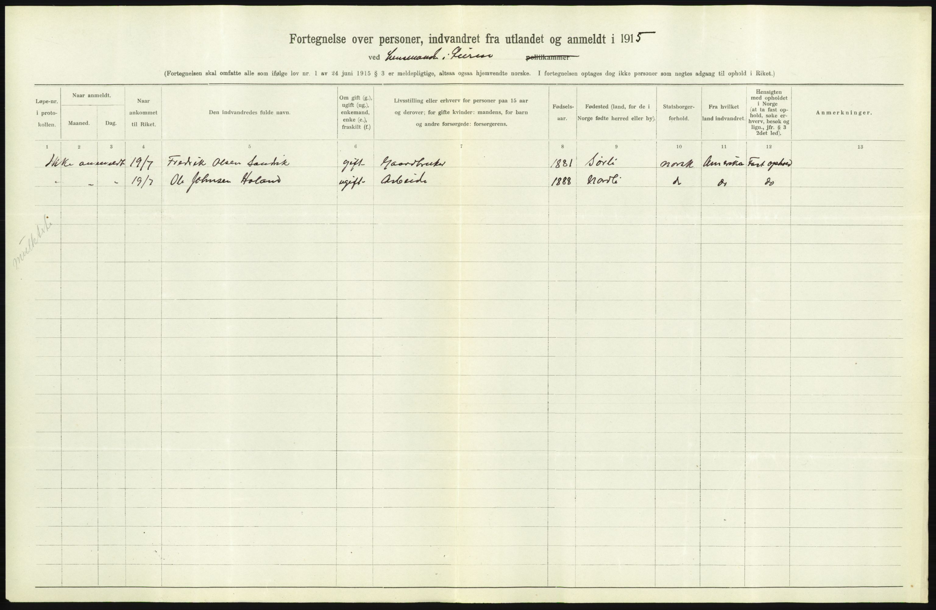 Statistisk sentralbyrå, Sosioøkonomiske emner, Folketellinger, boliger og boforhold, AV/RA-S-2231/F/Fa/L0001: Innvandring. Navn/fylkesvis, 1915, p. 560