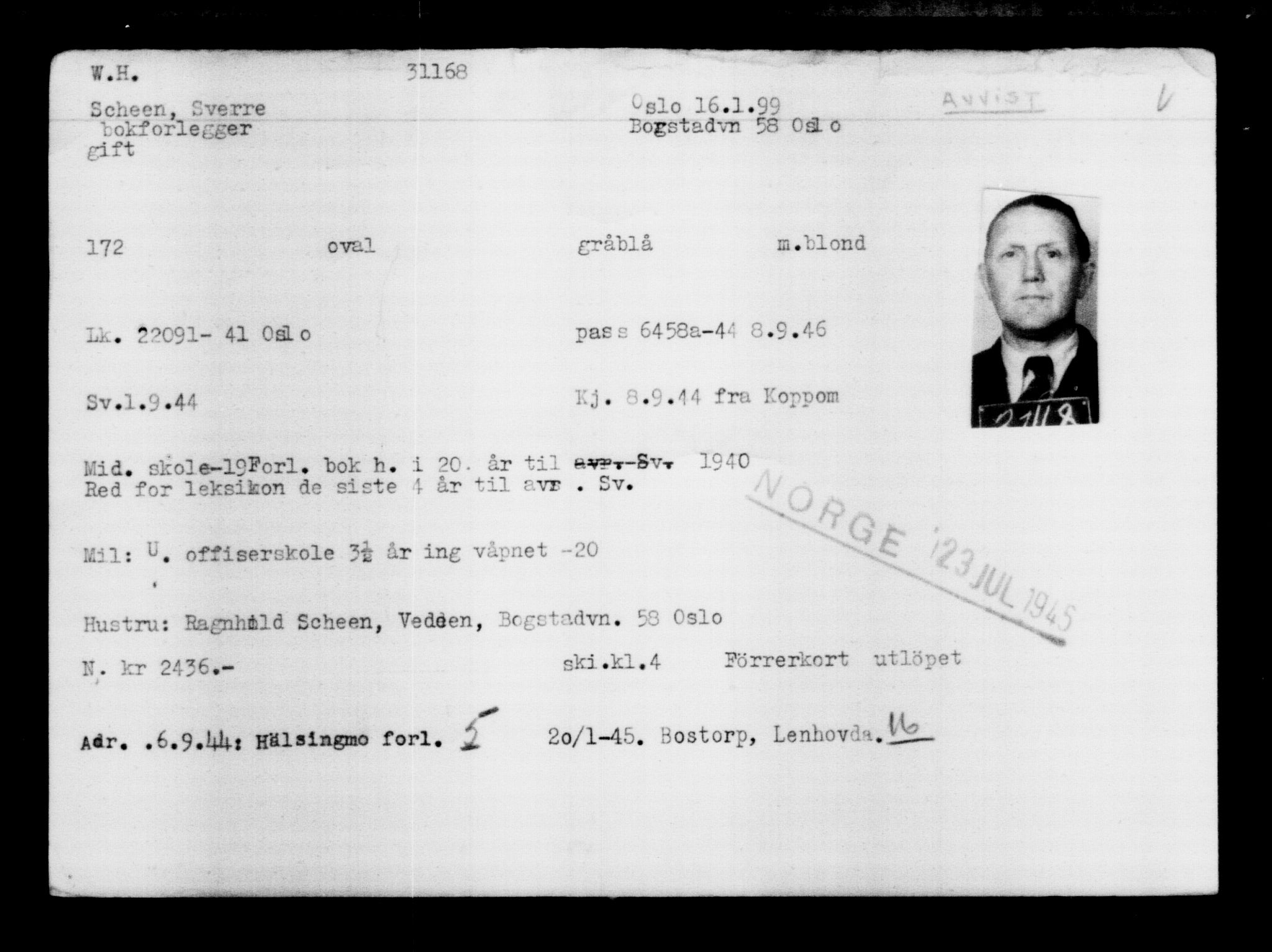 Utenriksstasjonene, Legasjonen i Stockholm, Flyktningkontoret, AV/RA-S-6753/V/Va/L0012: Kjesäterkartoteket, flyktninger med registreringsnr. 28300-31566, 1940-1945, p. 3106