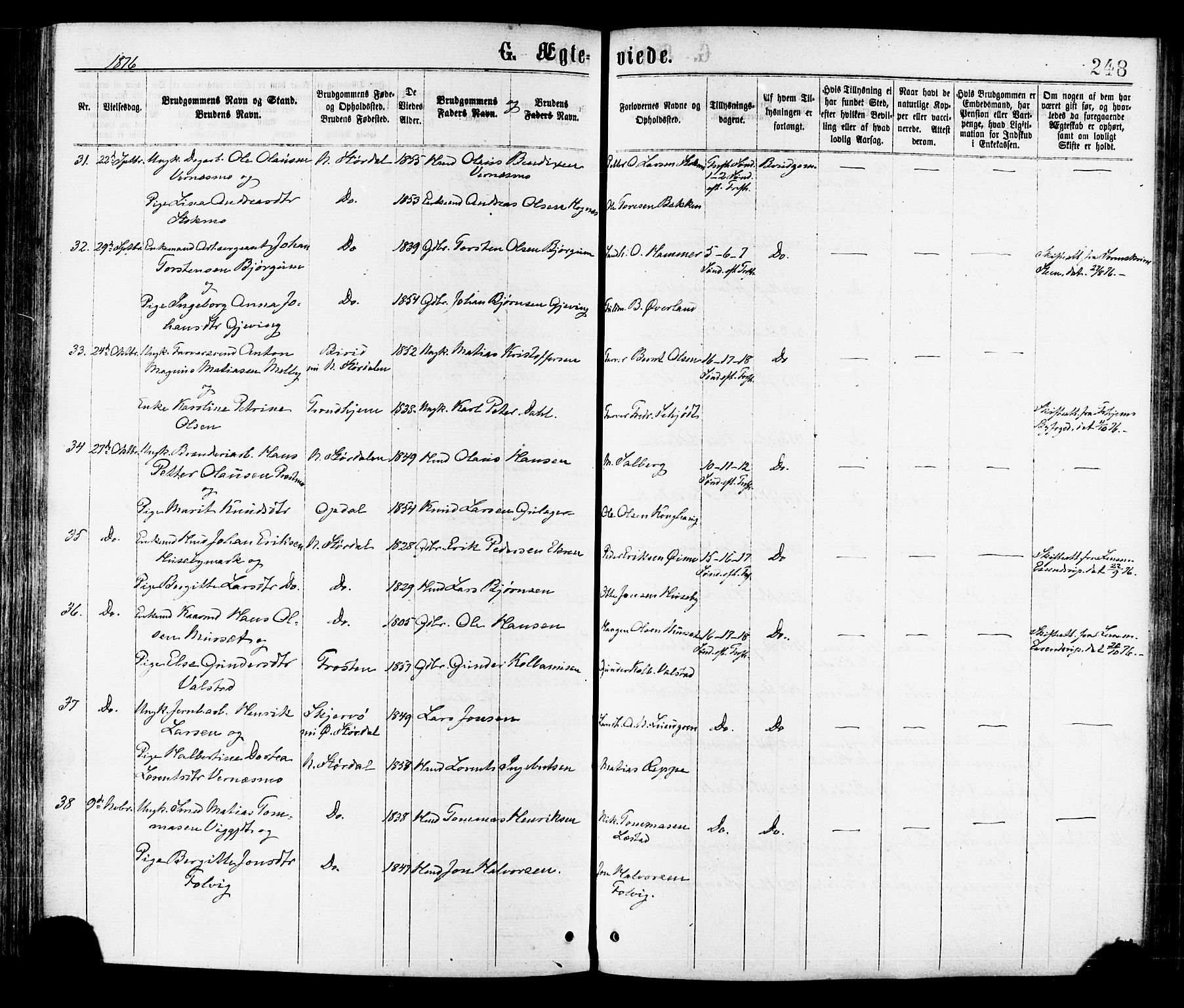 Ministerialprotokoller, klokkerbøker og fødselsregistre - Nord-Trøndelag, AV/SAT-A-1458/709/L0076: Parish register (official) no. 709A16, 1871-1879, p. 248