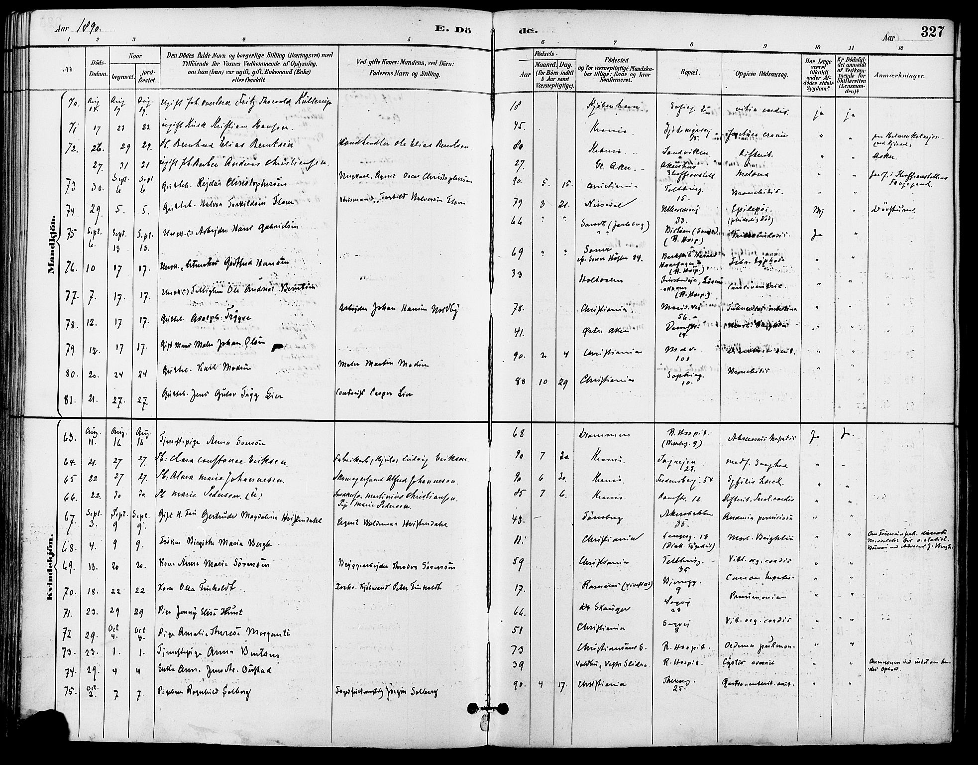 Gamle Aker prestekontor Kirkebøker, AV/SAO-A-10617a/F/L0008: Parish register (official) no. 8, 1887-1896, p. 327