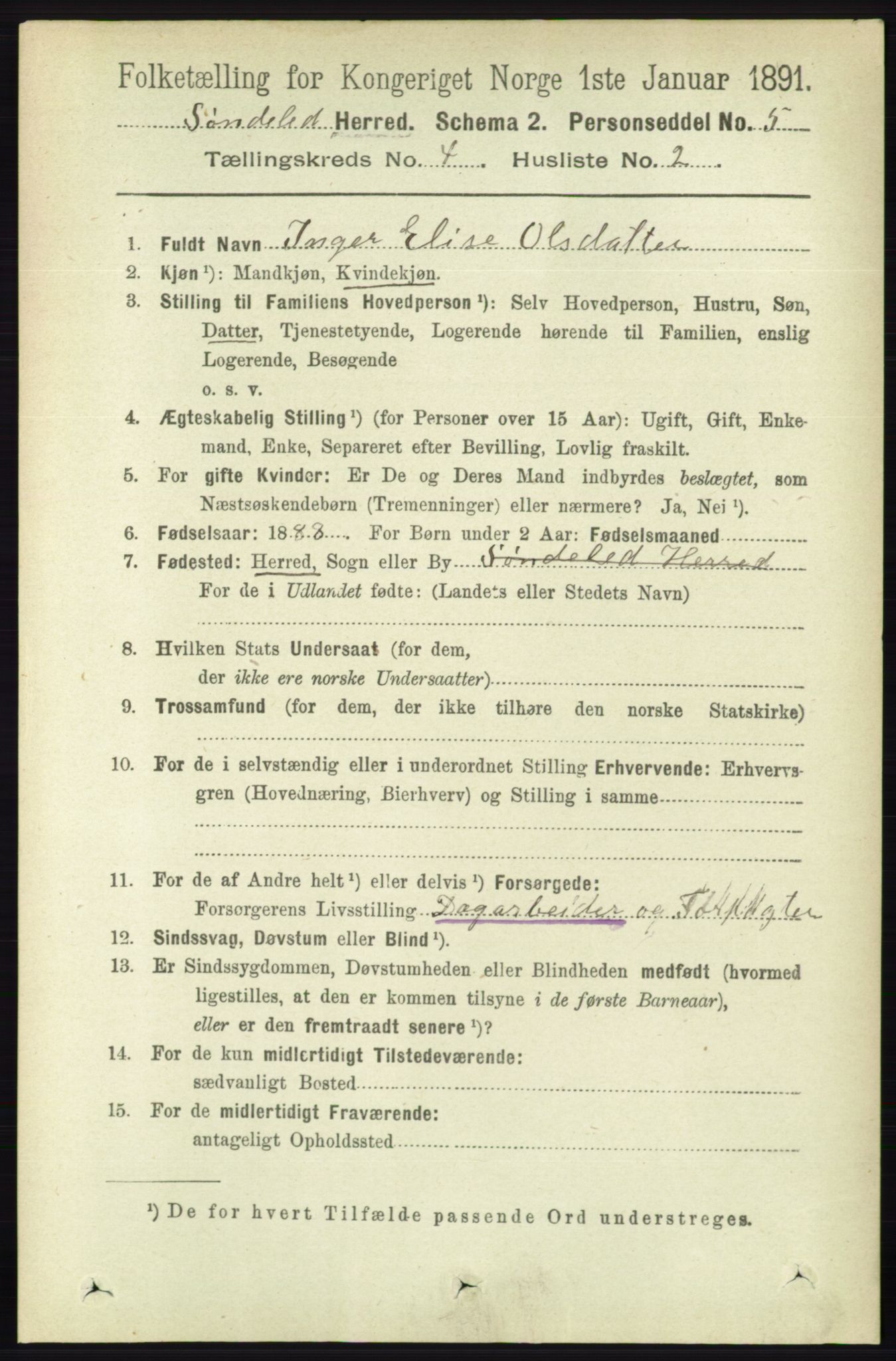 RA, 1891 census for 0913 Søndeled, 1891, p. 887