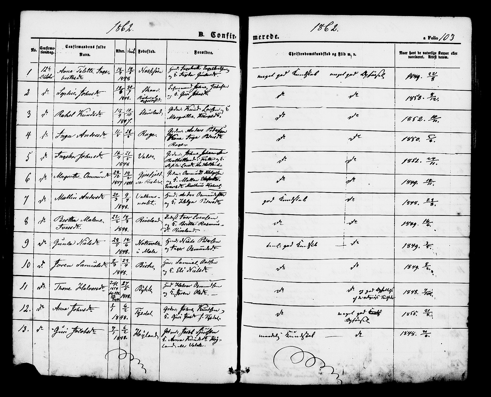 Hjelmeland sokneprestkontor, AV/SAST-A-101843/01/IV/L0012: Parish register (official) no. A 12, 1862-1886, p. 103