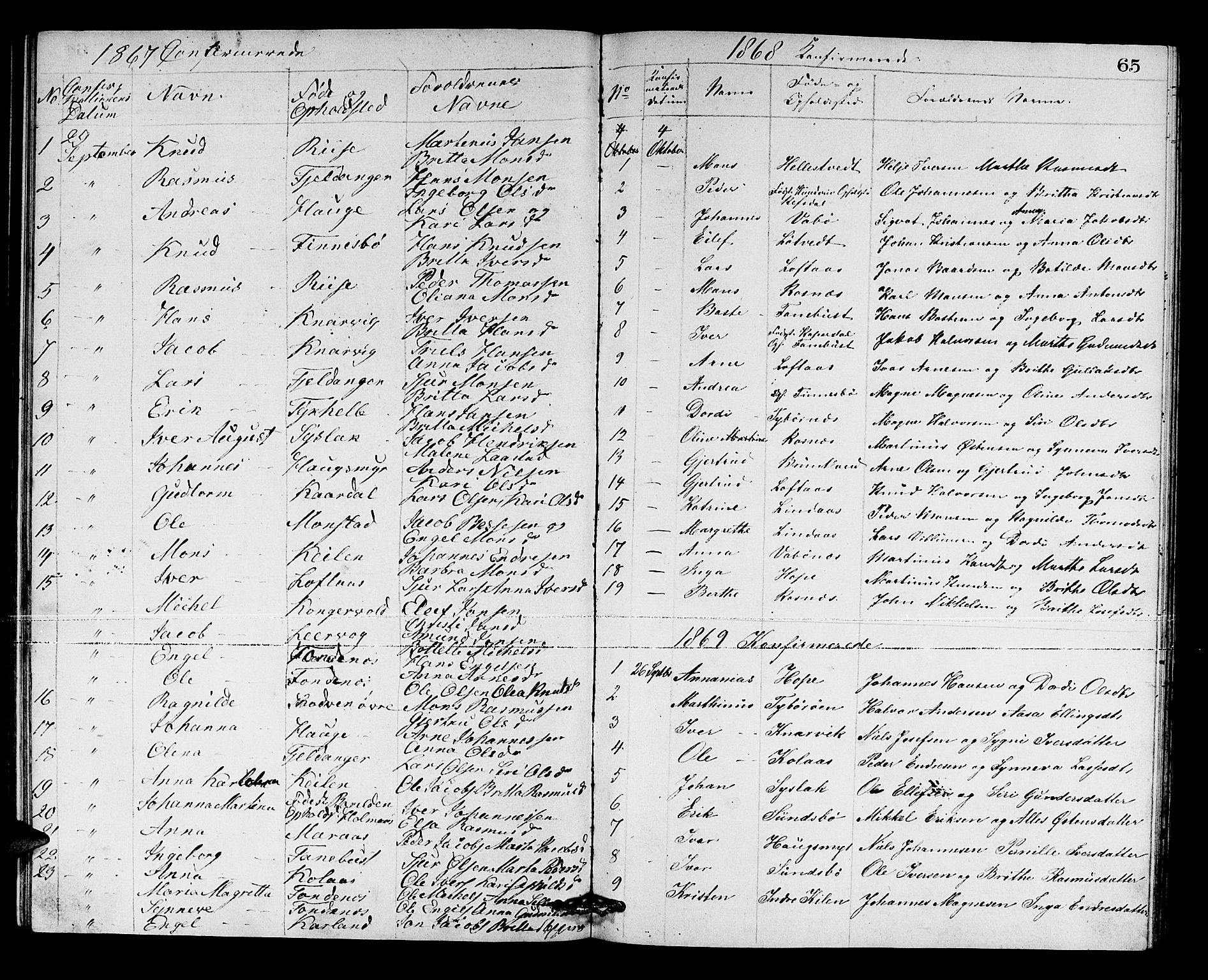 Lindås Sokneprestembete, SAB/A-76701/H/Hab: Parish register (copy) no. B 2, 1867-1885, p. 65