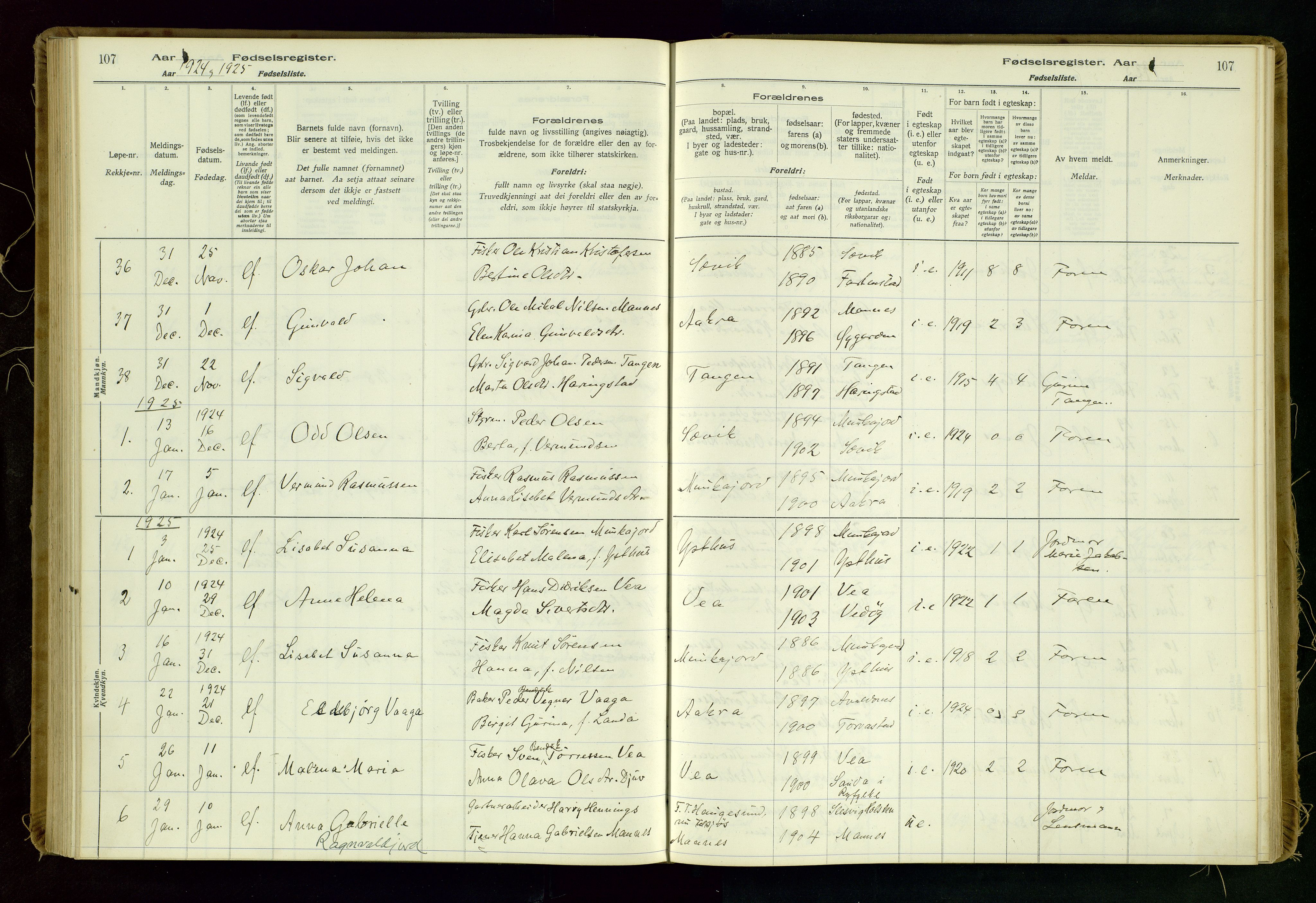 Kopervik sokneprestkontor, SAST/A-101850/I/Id/L0006: Birth register no. 6, 1916-1934, p. 107