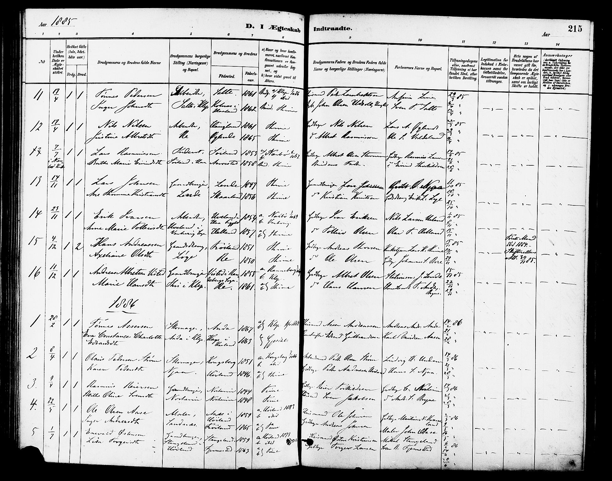 Lye sokneprestkontor, SAST/A-101794/001/30BA/L0009: Parish register (official) no. A 8, 1881-1892, p. 215