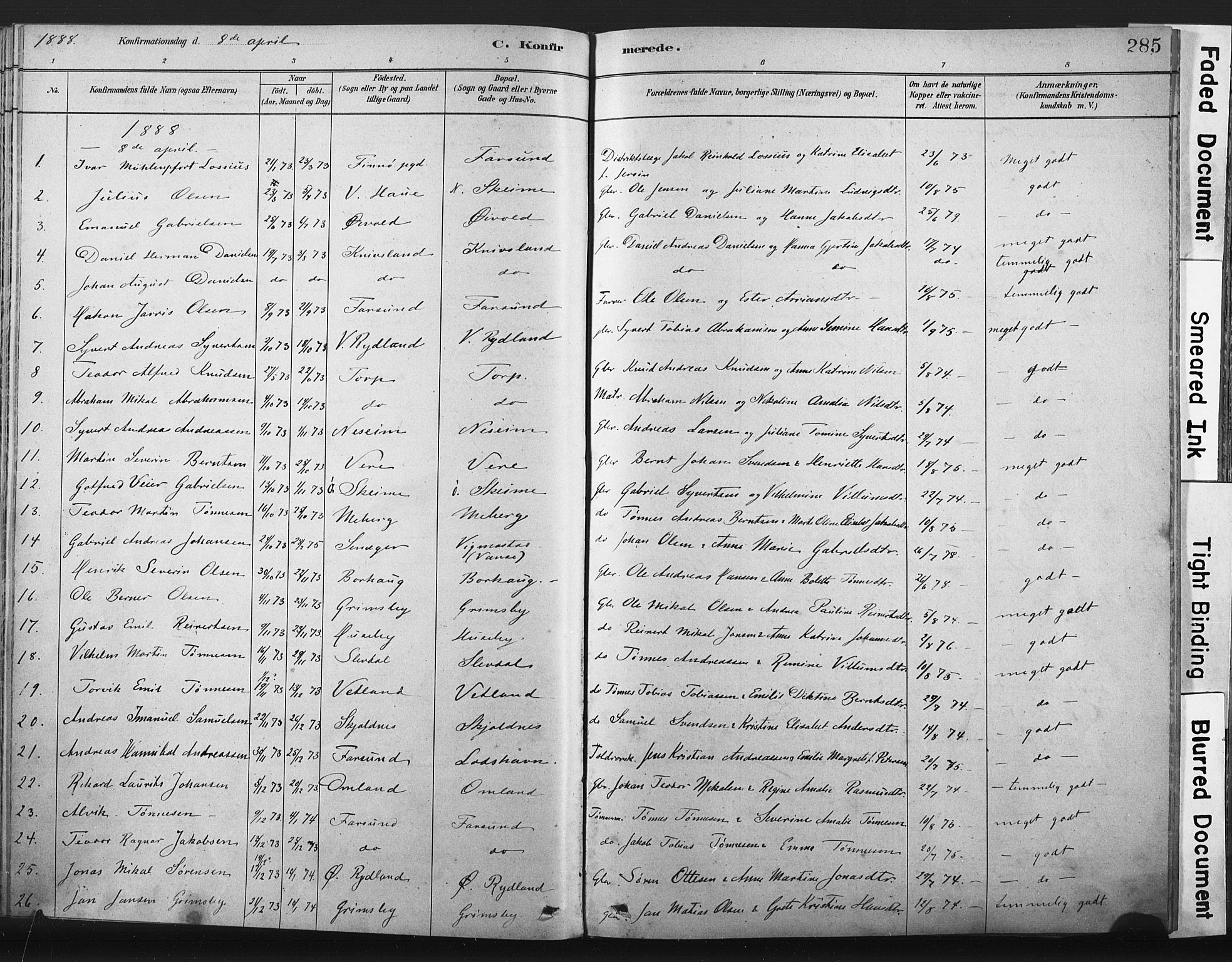 Lista sokneprestkontor, SAK/1111-0027/F/Fa/L0012: Parish register (official) no. A 12, 1879-1903, p. 285