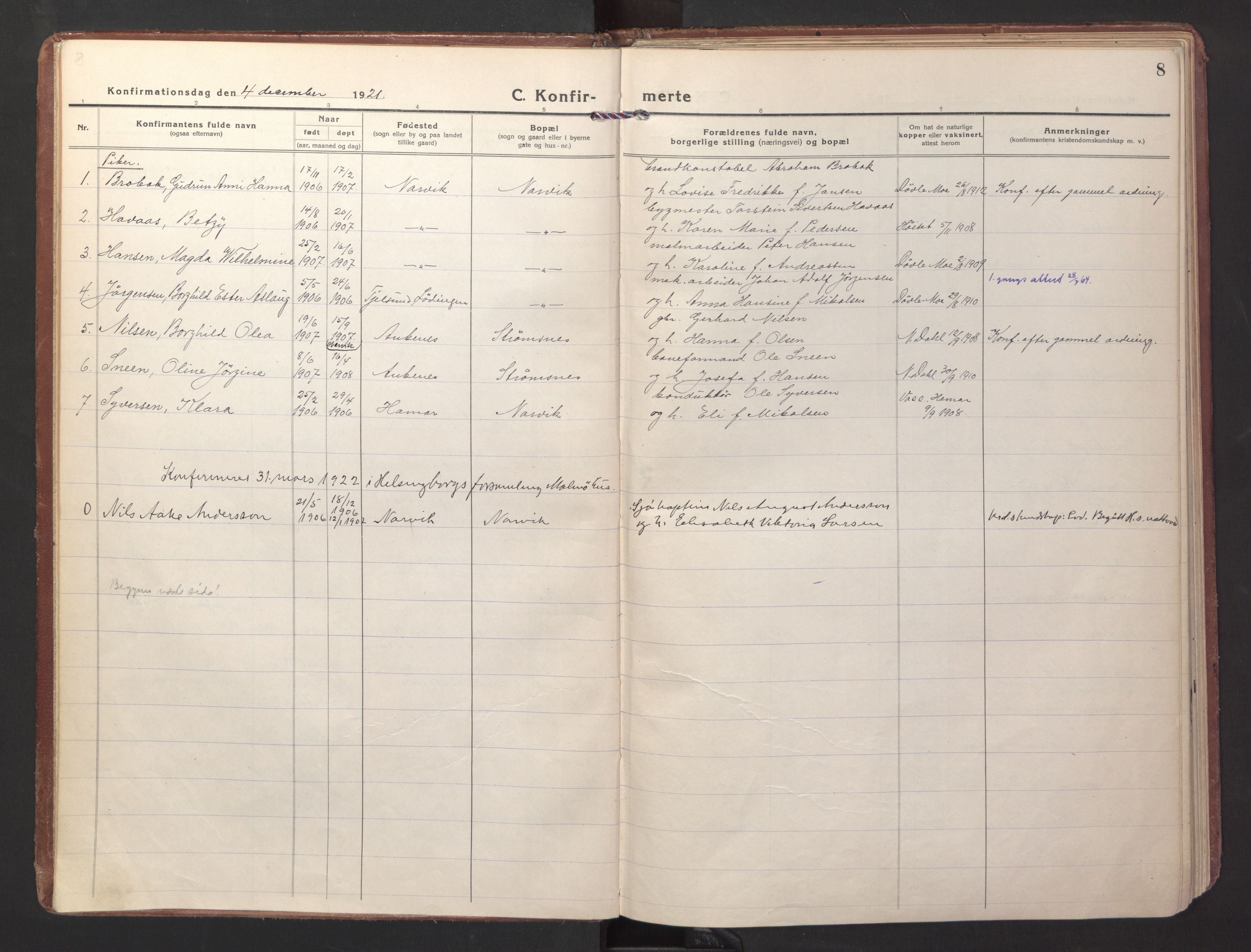 Ministerialprotokoller, klokkerbøker og fødselsregistre - Nordland, AV/SAT-A-1459/871/L1004: Parish register (official) no. 871A20, 1921-1932, p. 8