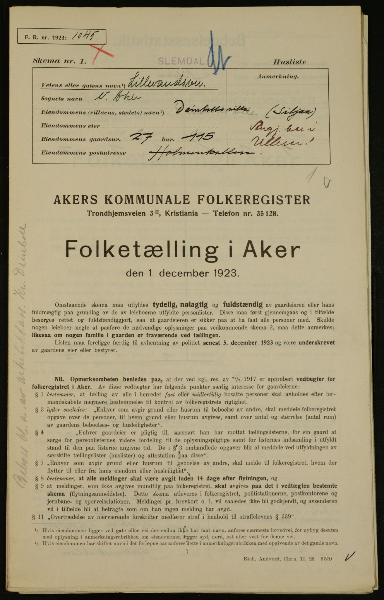 , Municipal Census 1923 for Aker, 1923, p. 14356