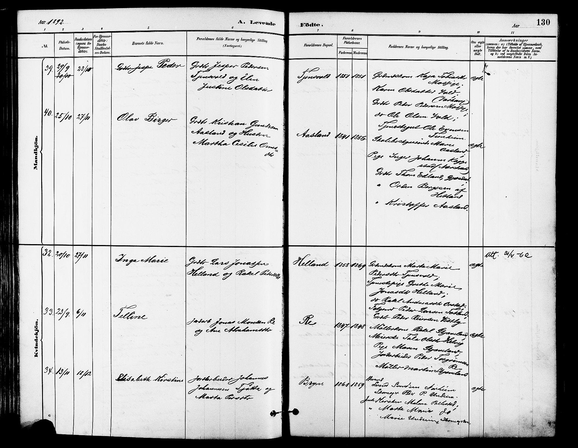 Lye sokneprestkontor, AV/SAST-A-101794/001/30BA/L0009: Parish register (official) no. A 8, 1881-1892, p. 130