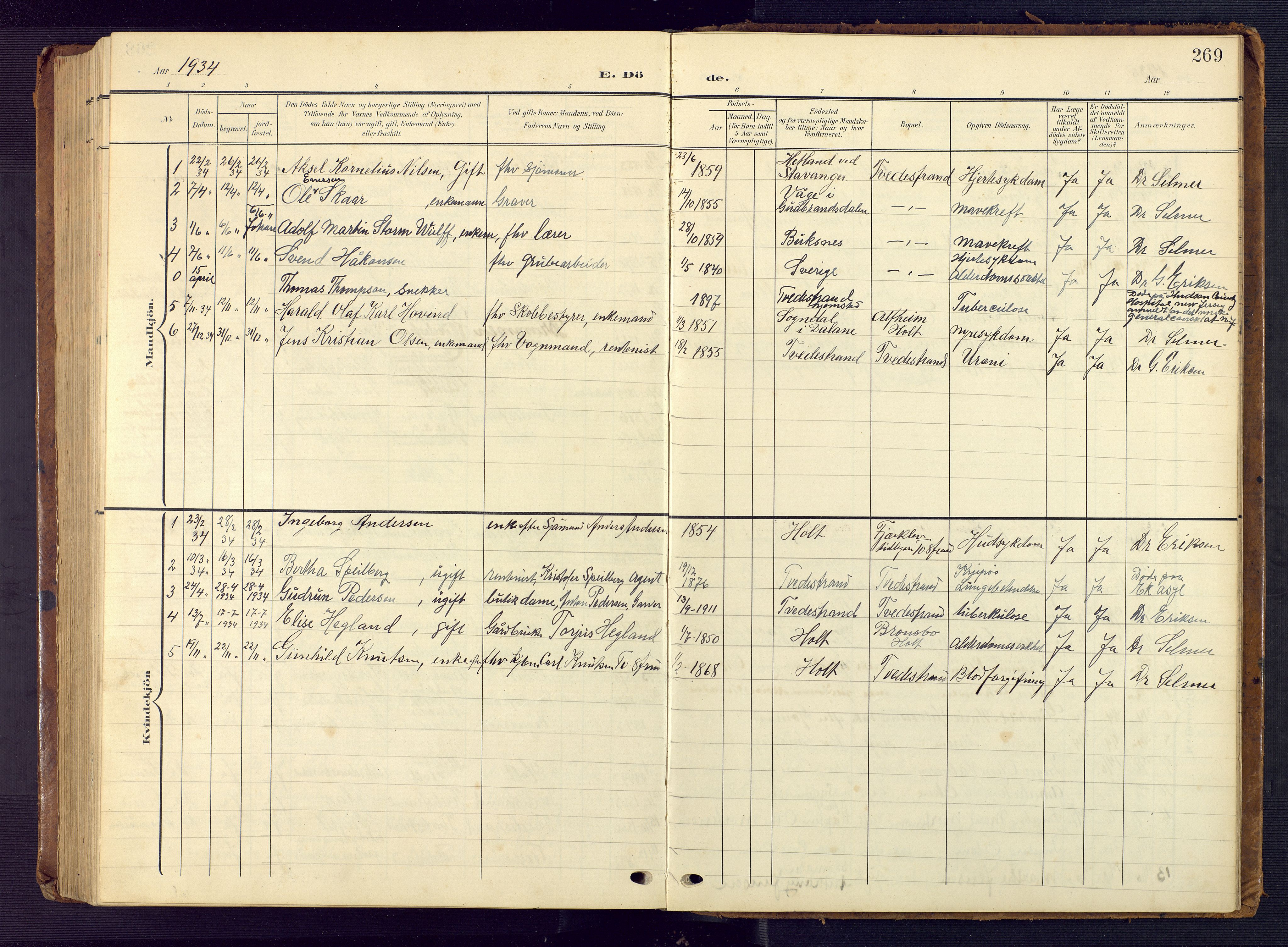 Tvedestrand sokneprestkontor, SAK/1111-0042/F/Fb/L0001: Parish register (copy) no. B 1, 1902-1956, p. 269