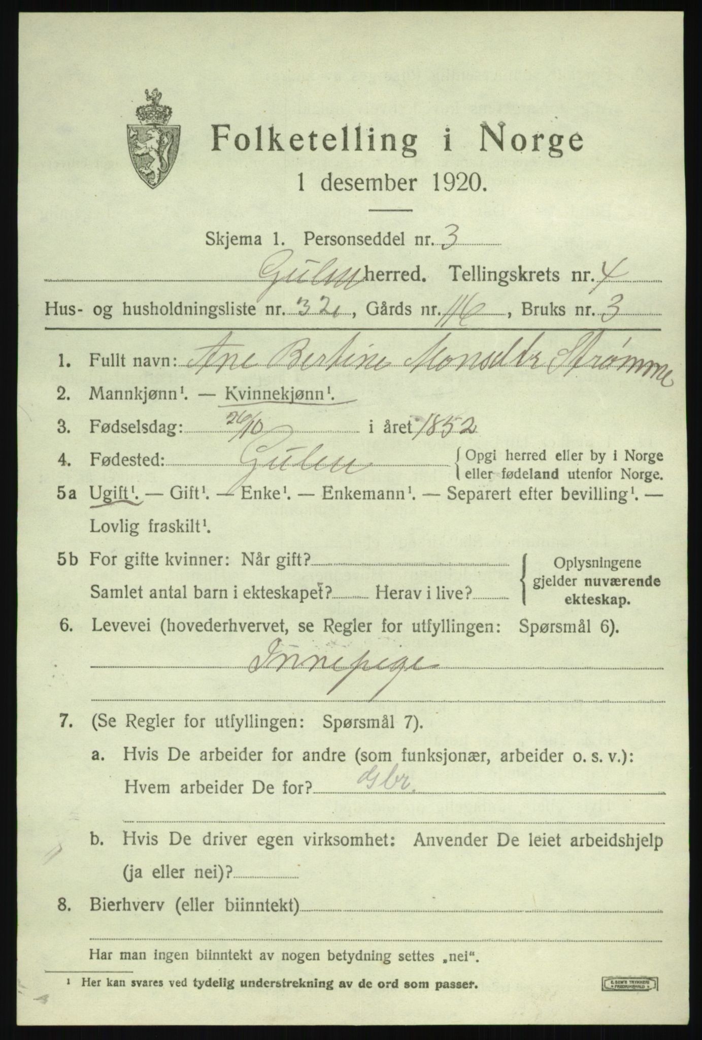 SAB, 1920 census for Gulen, 1920, p. 2087