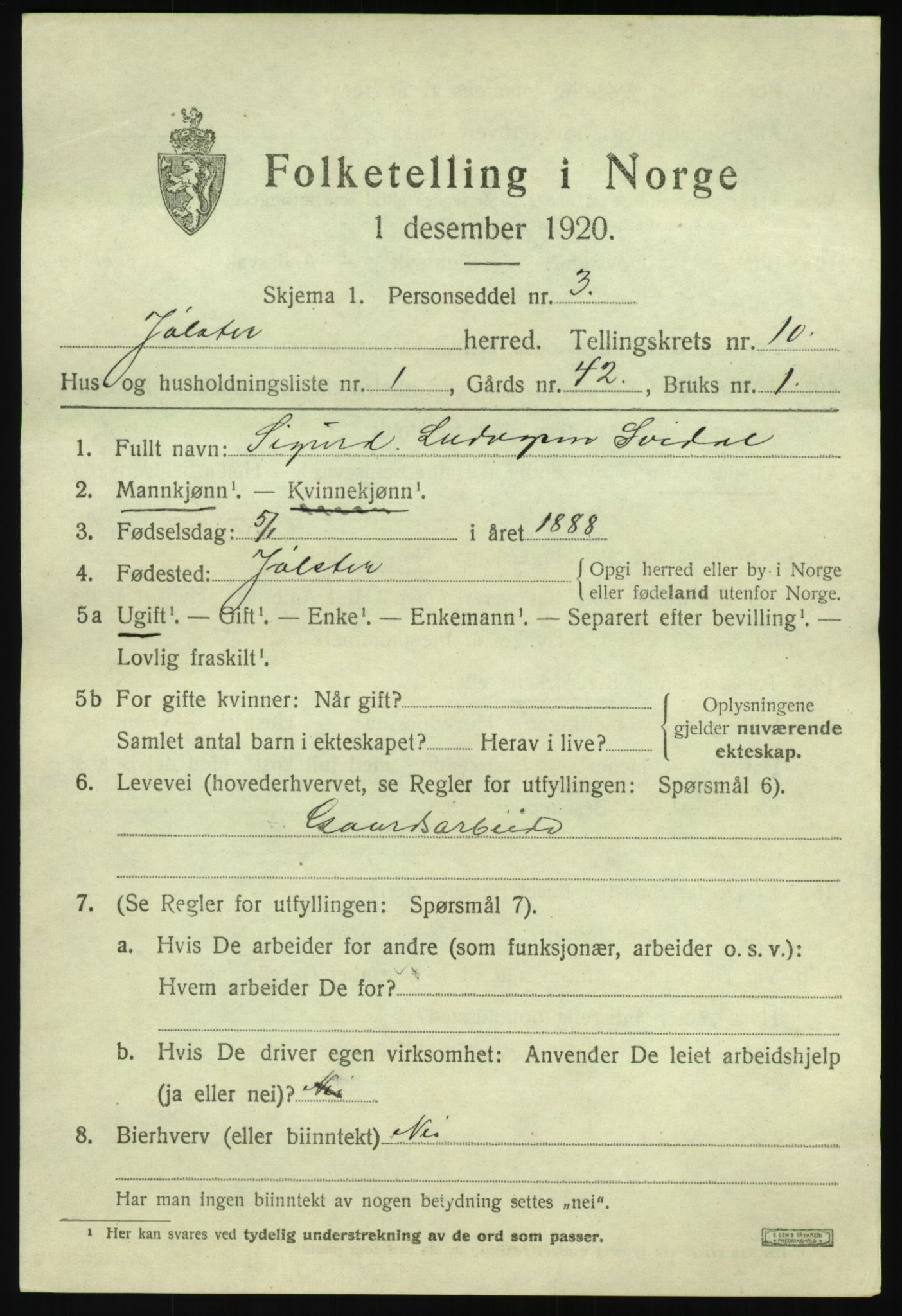 SAB, 1920 census for Jølster, 1920, p. 4650