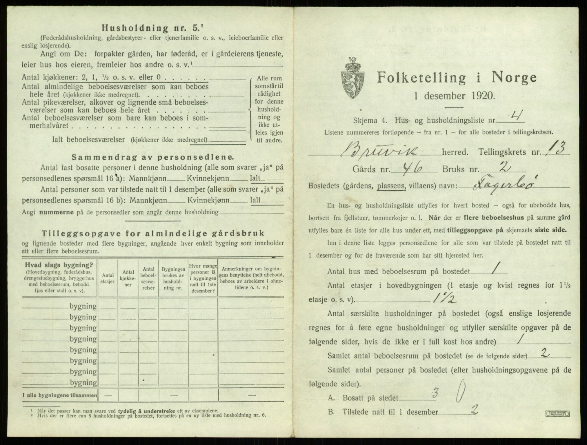 SAB, 1920 census for Bruvik, 1920, p. 889