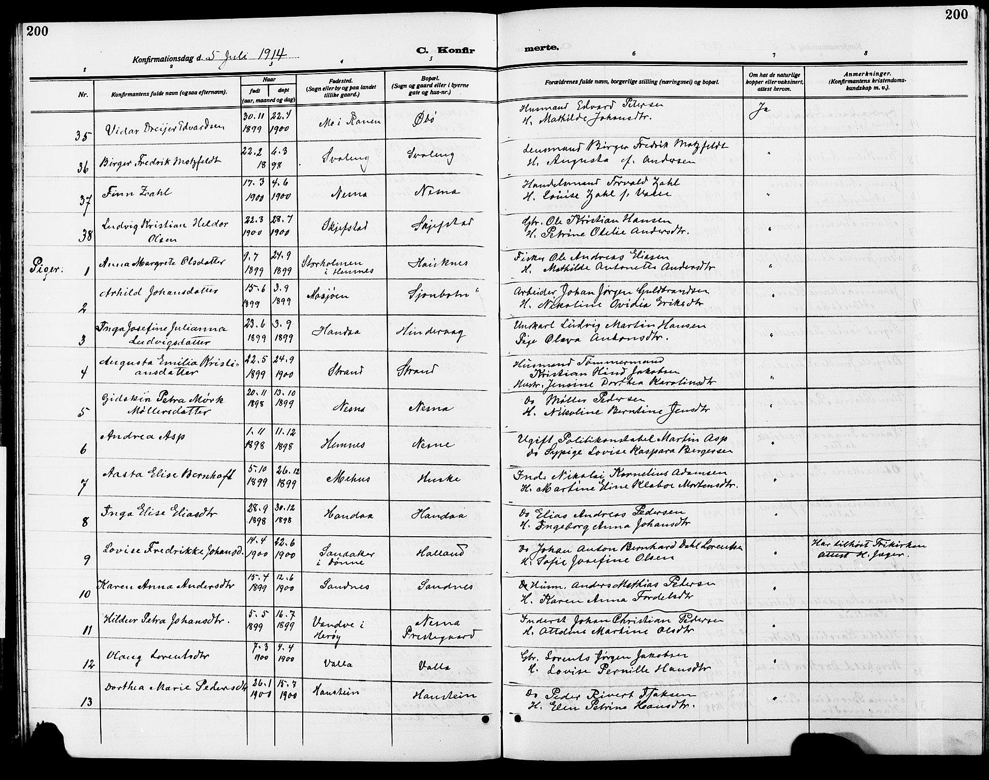 Ministerialprotokoller, klokkerbøker og fødselsregistre - Nordland, AV/SAT-A-1459/838/L0560: Parish register (copy) no. 838C07, 1910-1928, p. 200