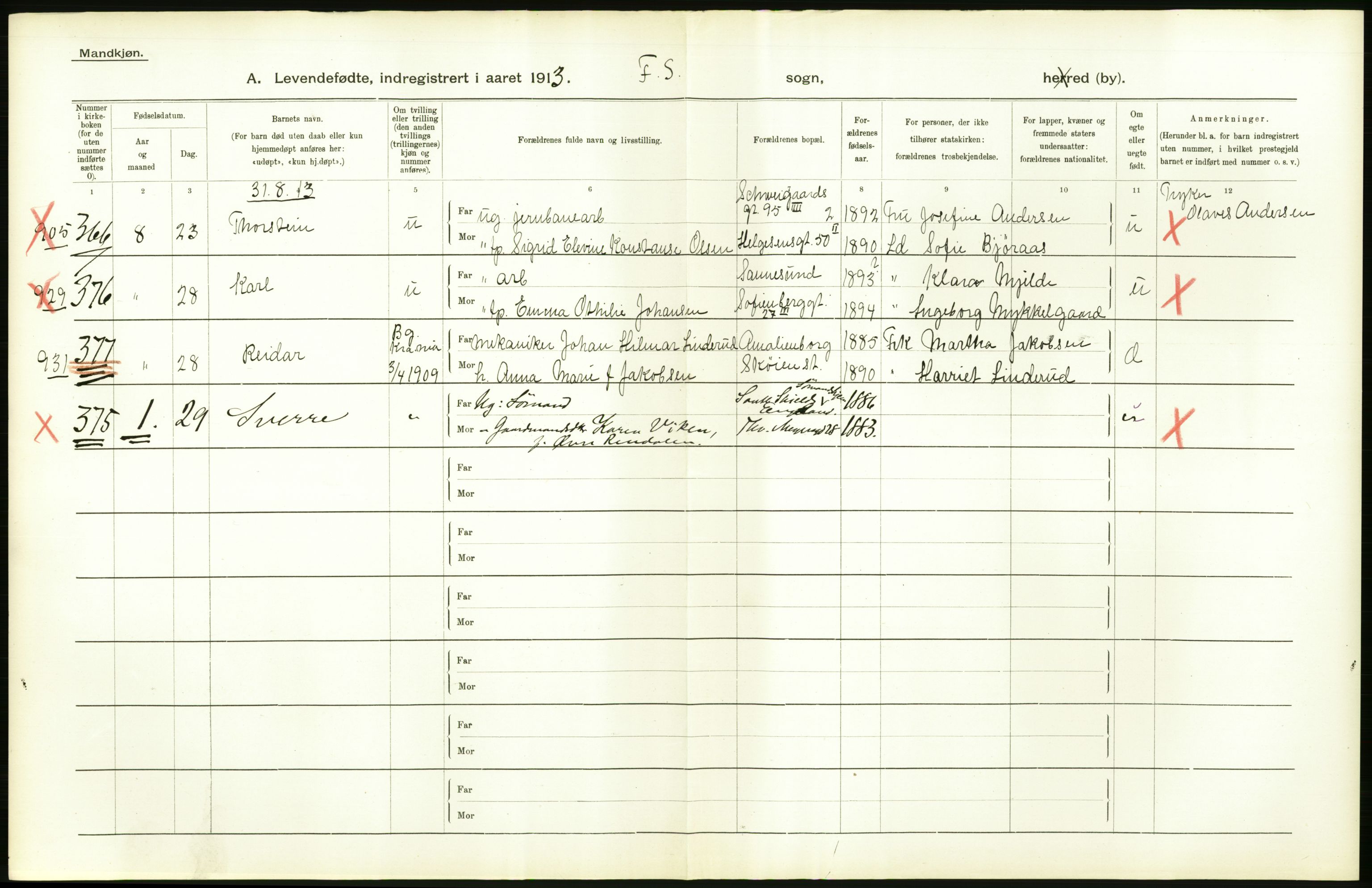 Statistisk sentralbyrå, Sosiodemografiske emner, Befolkning, AV/RA-S-2228/D/Df/Dfb/Dfbc/L0007: Kristiania: Levendefødte menn og kvinner., 1913, p. 50