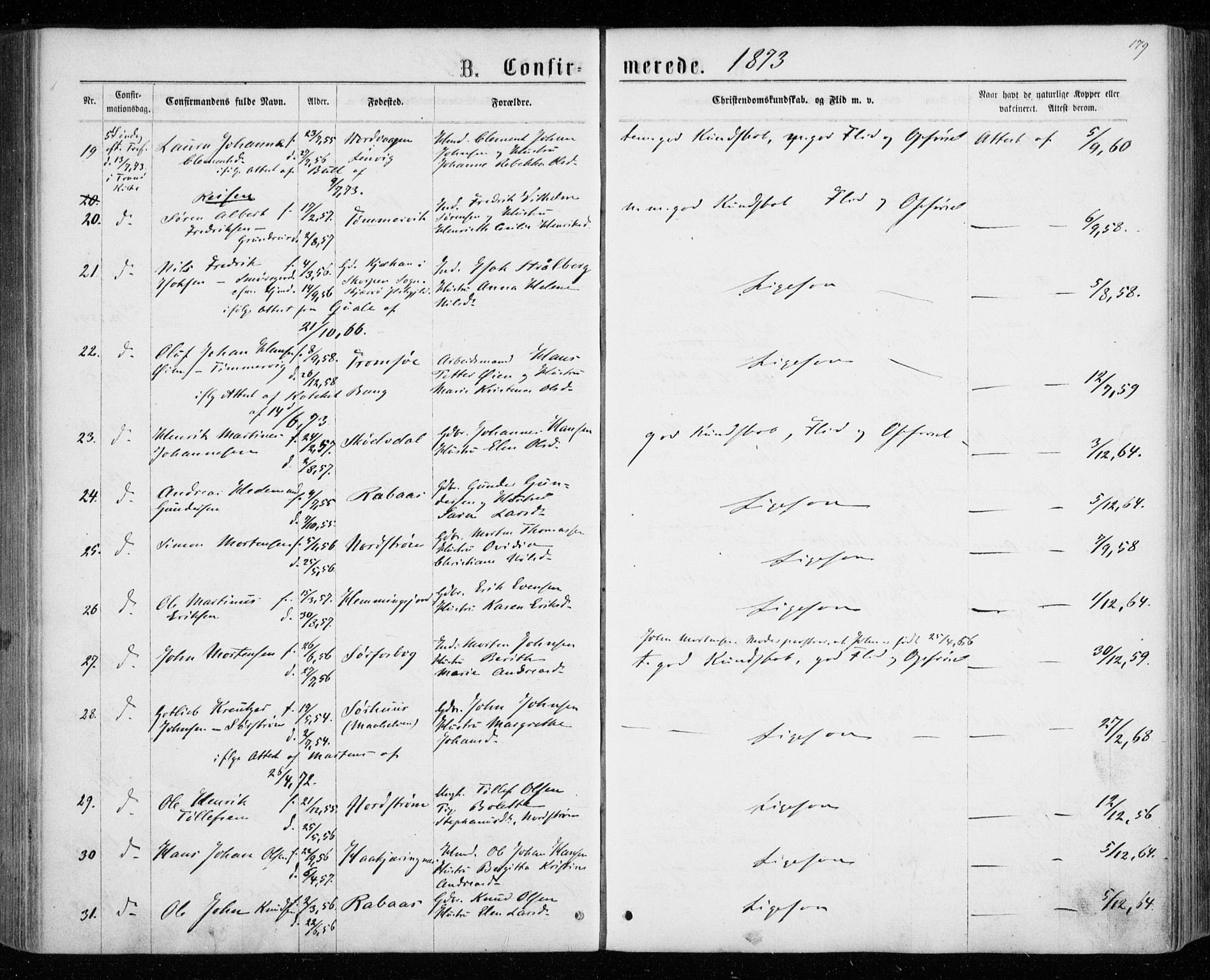 Tranøy sokneprestkontor, AV/SATØ-S-1313/I/Ia/Iaa/L0008kirke: Parish register (official) no. 8, 1867-1877, p. 179