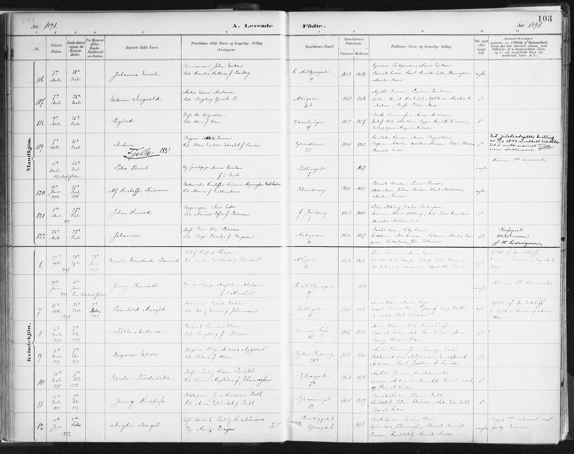 Johanneskirken sokneprestembete, SAB/A-76001/H/Haa/L0001: Parish register (official) no. A 1, 1885-1900, p. 103