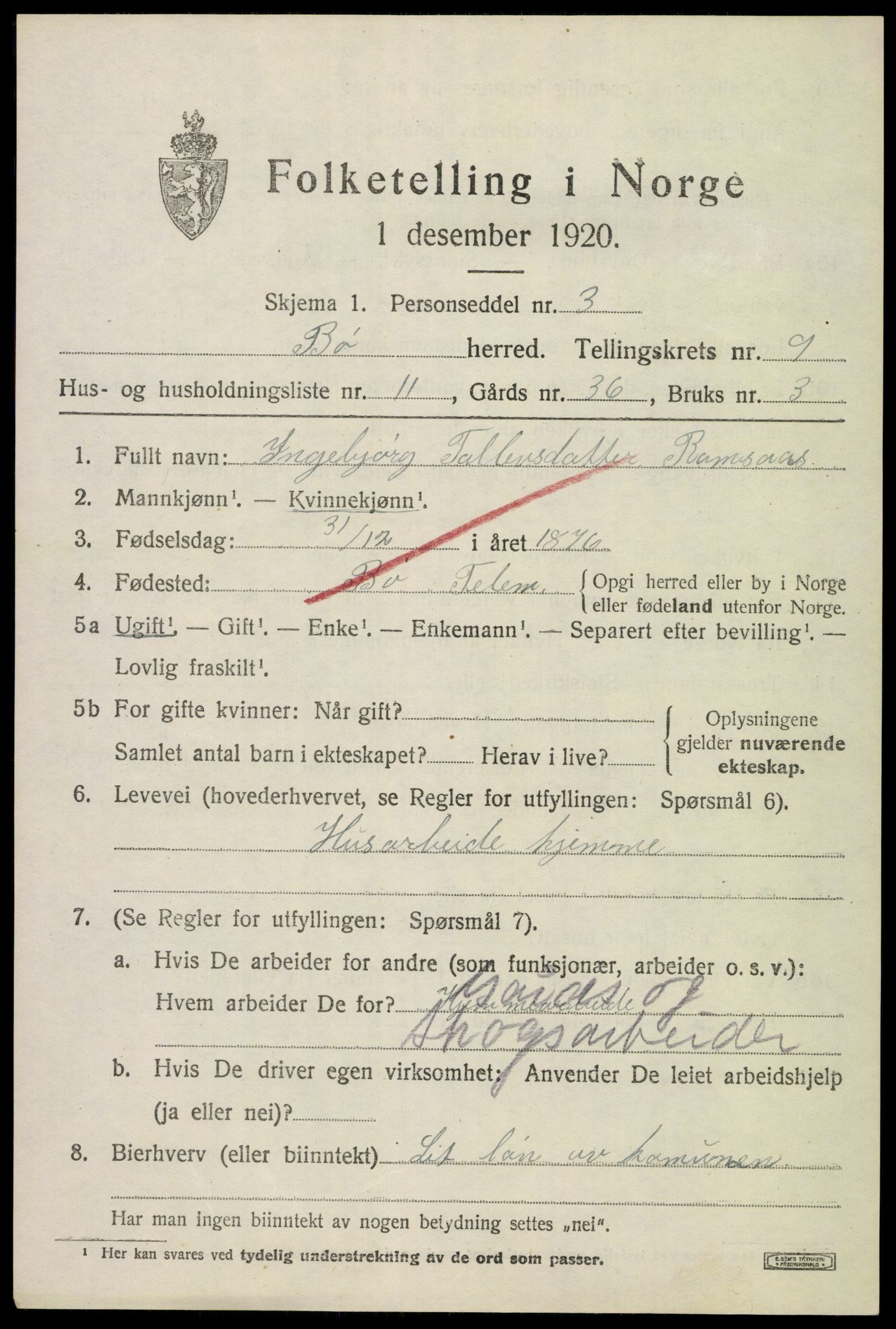 SAKO, 1920 census for Bø (Telemark), 1920, p. 6532