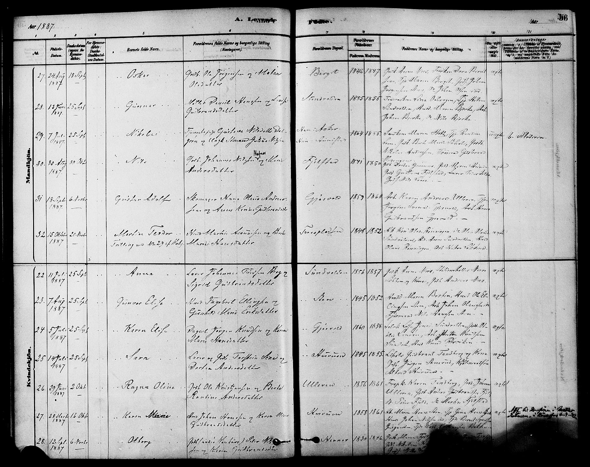 Hole kirkebøker, SAKO/A-228/F/Fa/L0008: Parish register (official) no. I 8, 1878-1891, p. 56