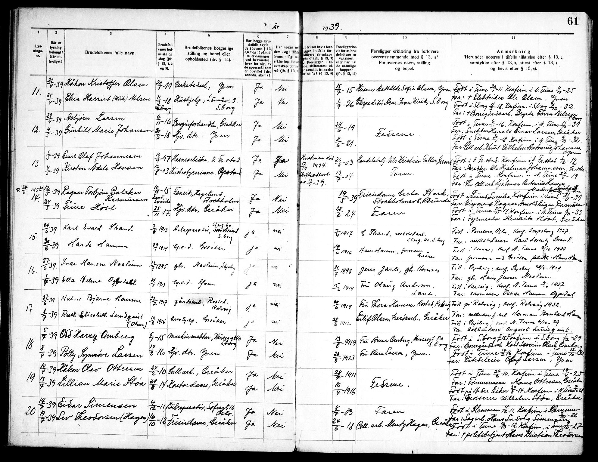 Tune prestekontor Kirkebøker, AV/SAO-A-2007/H/Hb/L0001: Banns register no. II 1, 1920-1951, p. 61