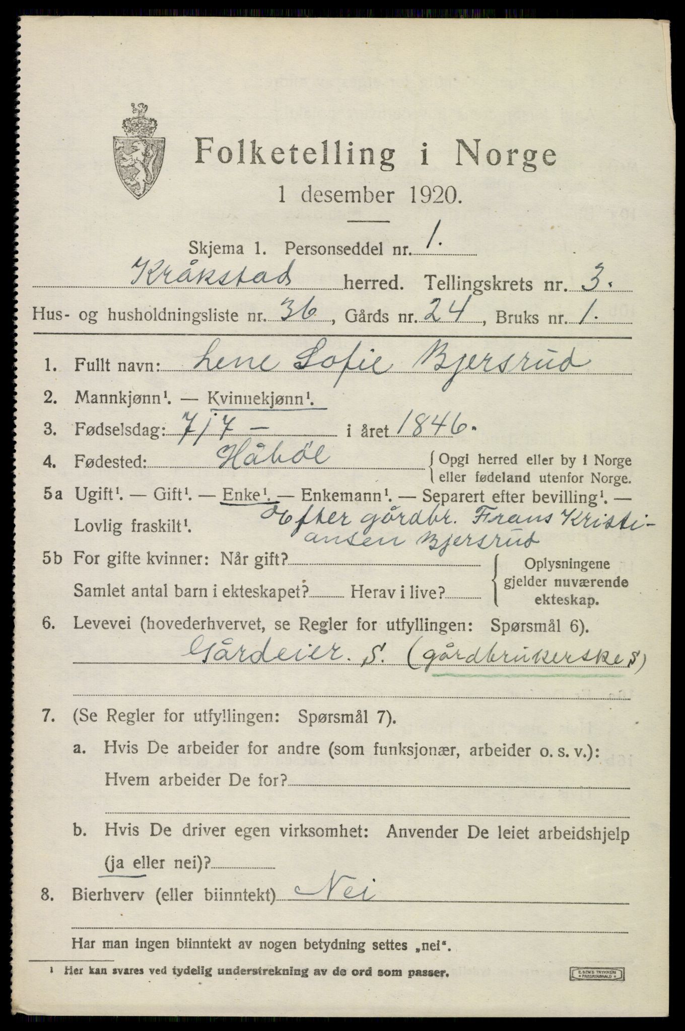 SAO, 1920 census for Kråkstad, 1920, p. 3749