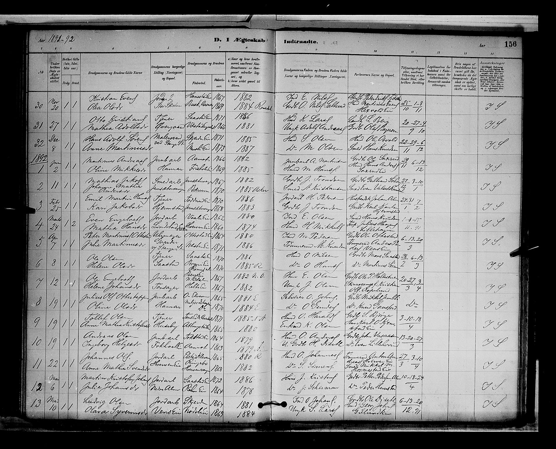 Stange prestekontor, AV/SAH-PREST-002/L/L0009: Parish register (copy) no. 9, 1883-1899, p. 156