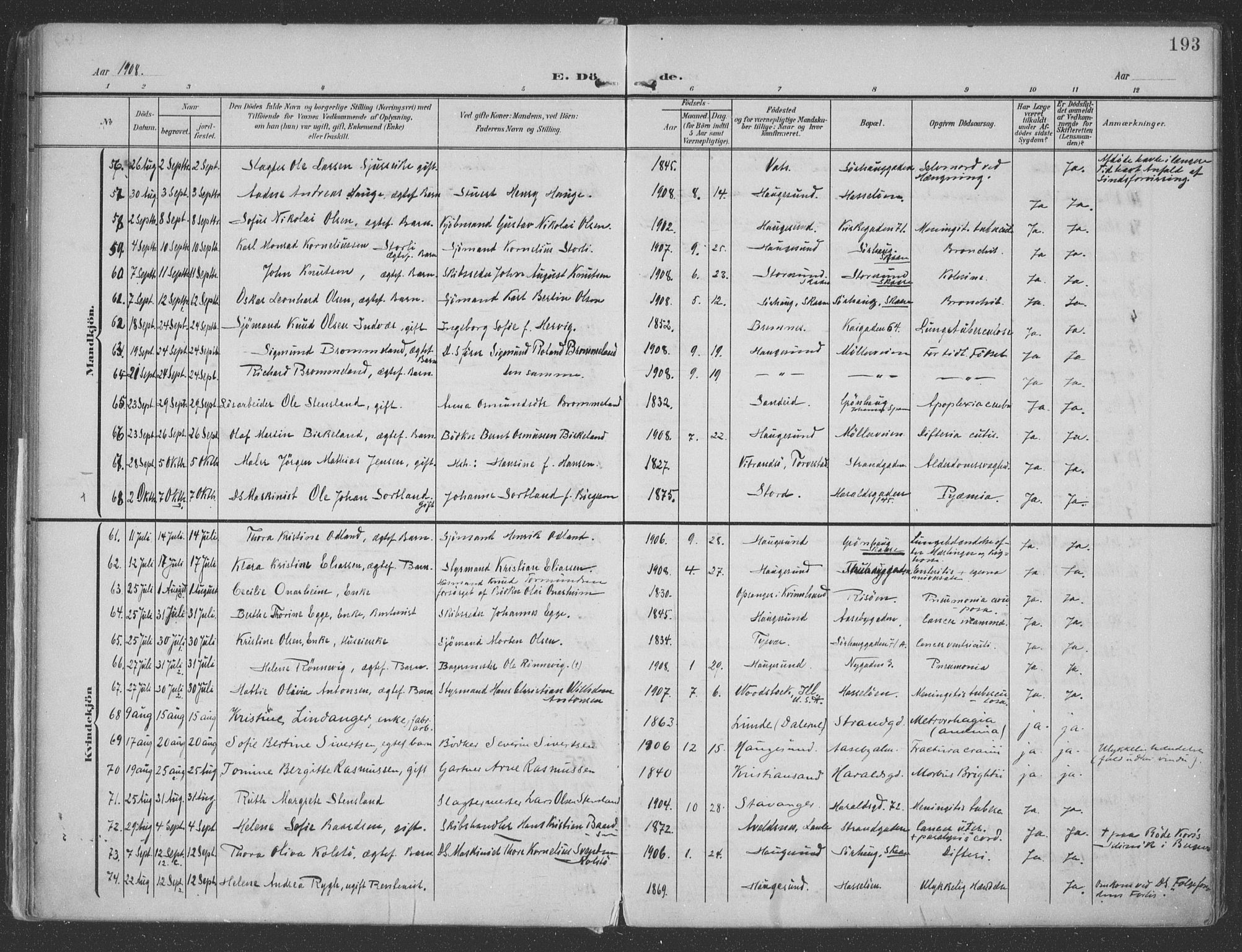 Haugesund sokneprestkontor, AV/SAST-A -101863/H/Ha/Haa/L0007: Parish register (official) no. A 7, 1904-1916, p. 193