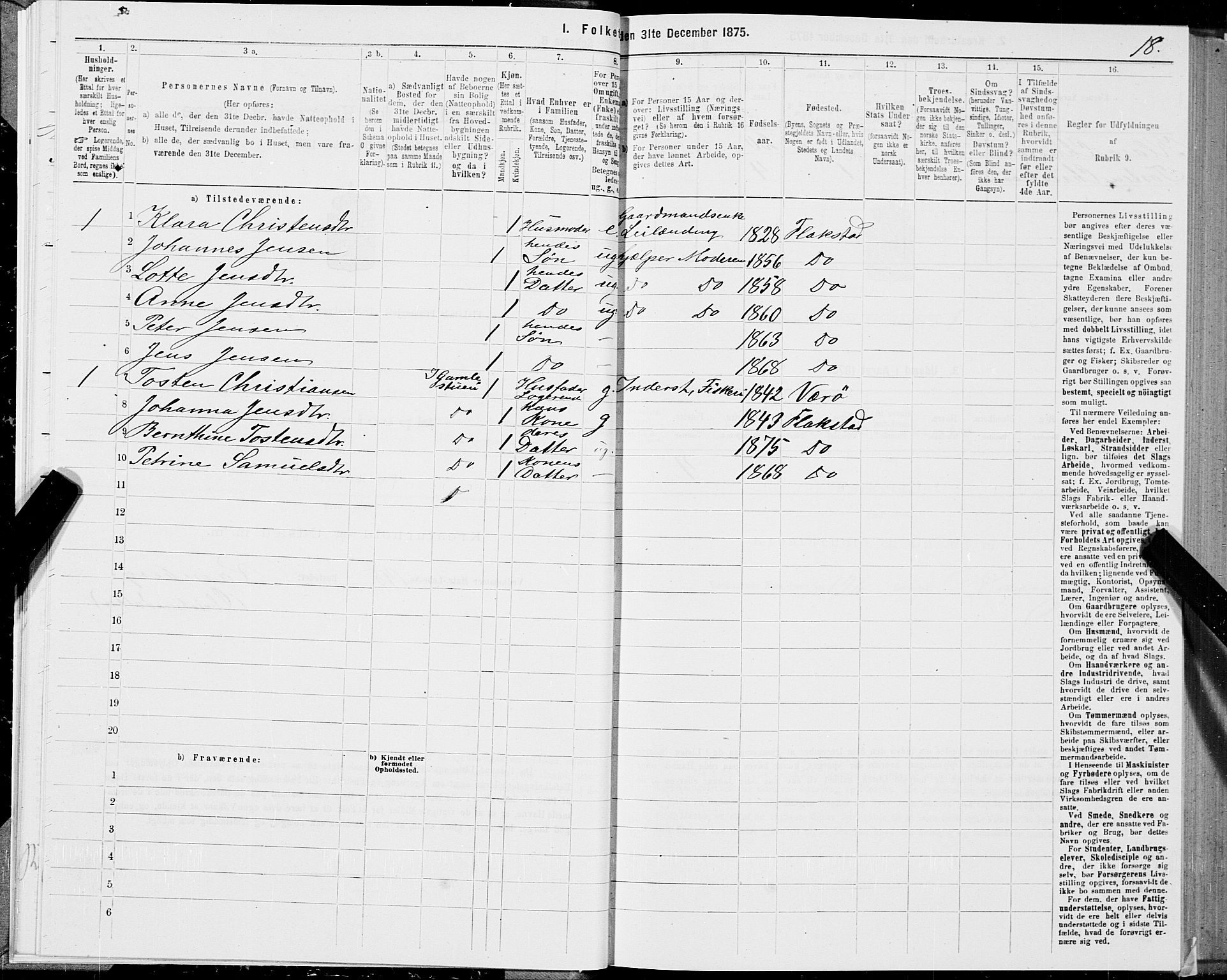 SAT, 1875 census for 1859P Flakstad, 1875, p. 1018