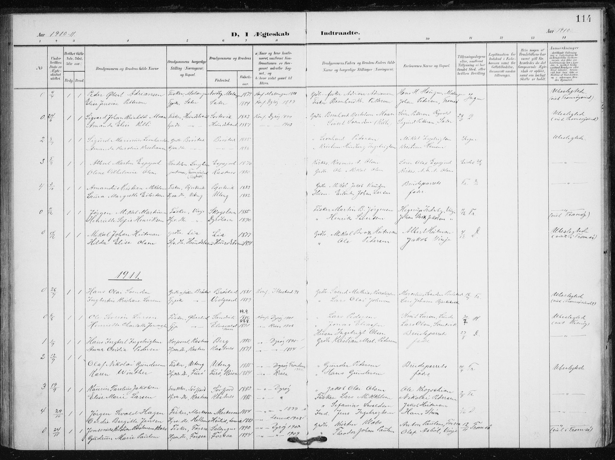 Tranøy sokneprestkontor, AV/SATØ-S-1313/I/Ia/Iaa/L0013kirke: Parish register (official) no. 13, 1905-1922, p. 114