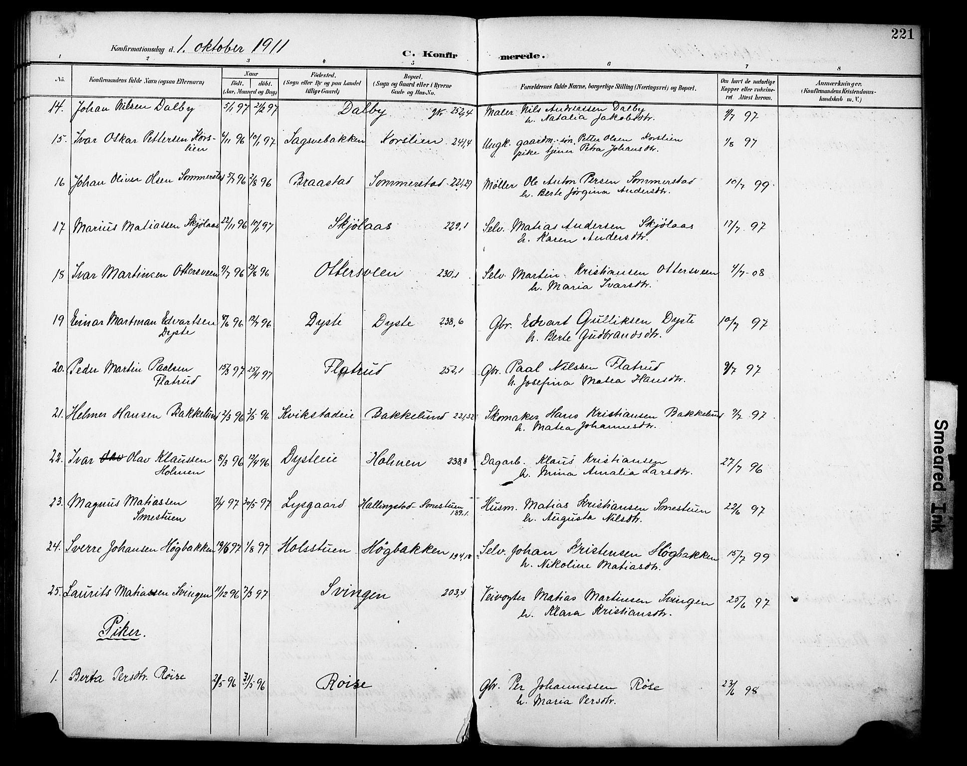 Vestre Toten prestekontor, SAH/PREST-108/H/Ha/Haa/L0013: Parish register (official) no. 13, 1895-1911, p. 221