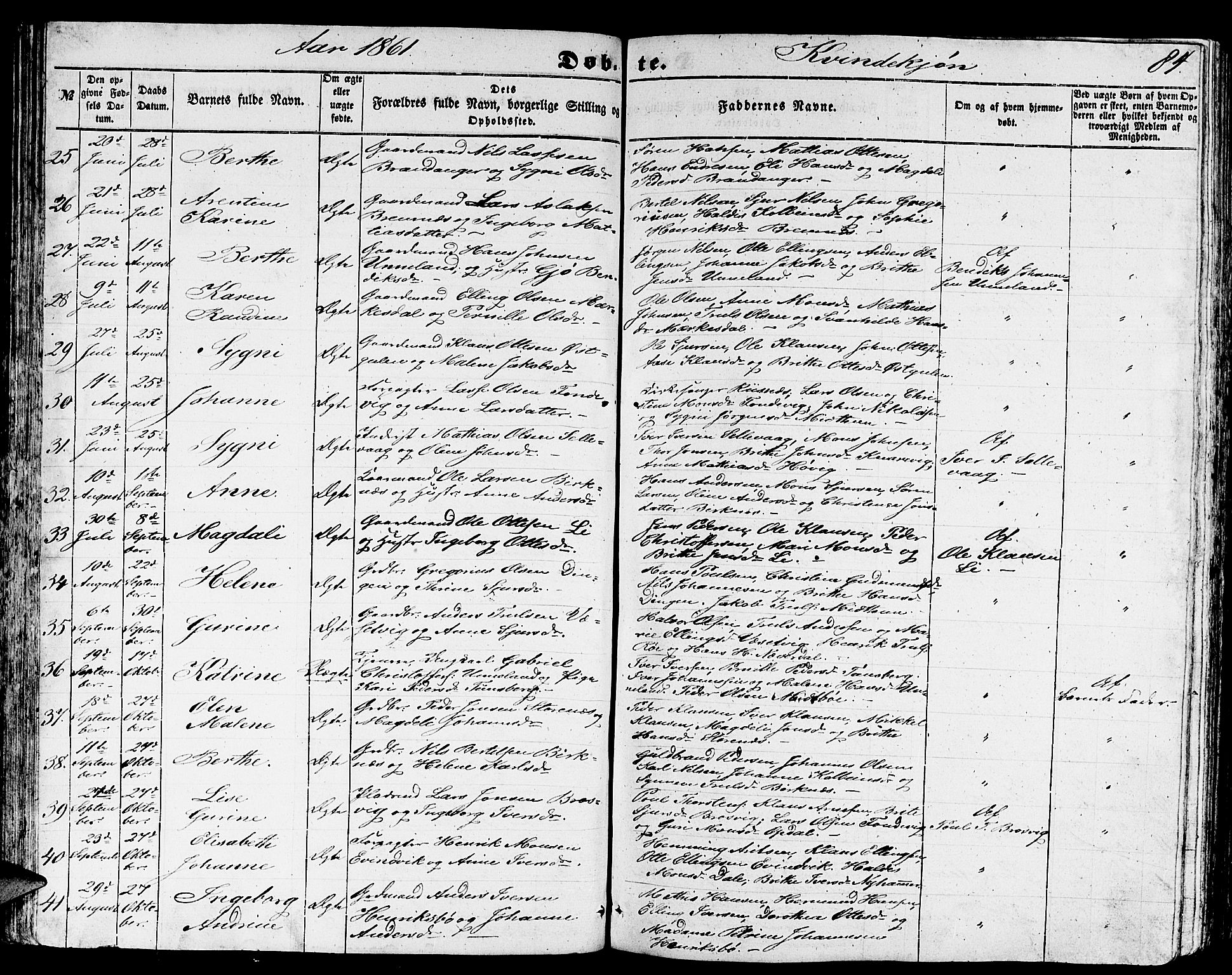 Gulen sokneprestembete, AV/SAB-A-80201/H/Hab/Habb/L0001: Parish register (copy) no. B 1, 1854-1866, p. 84