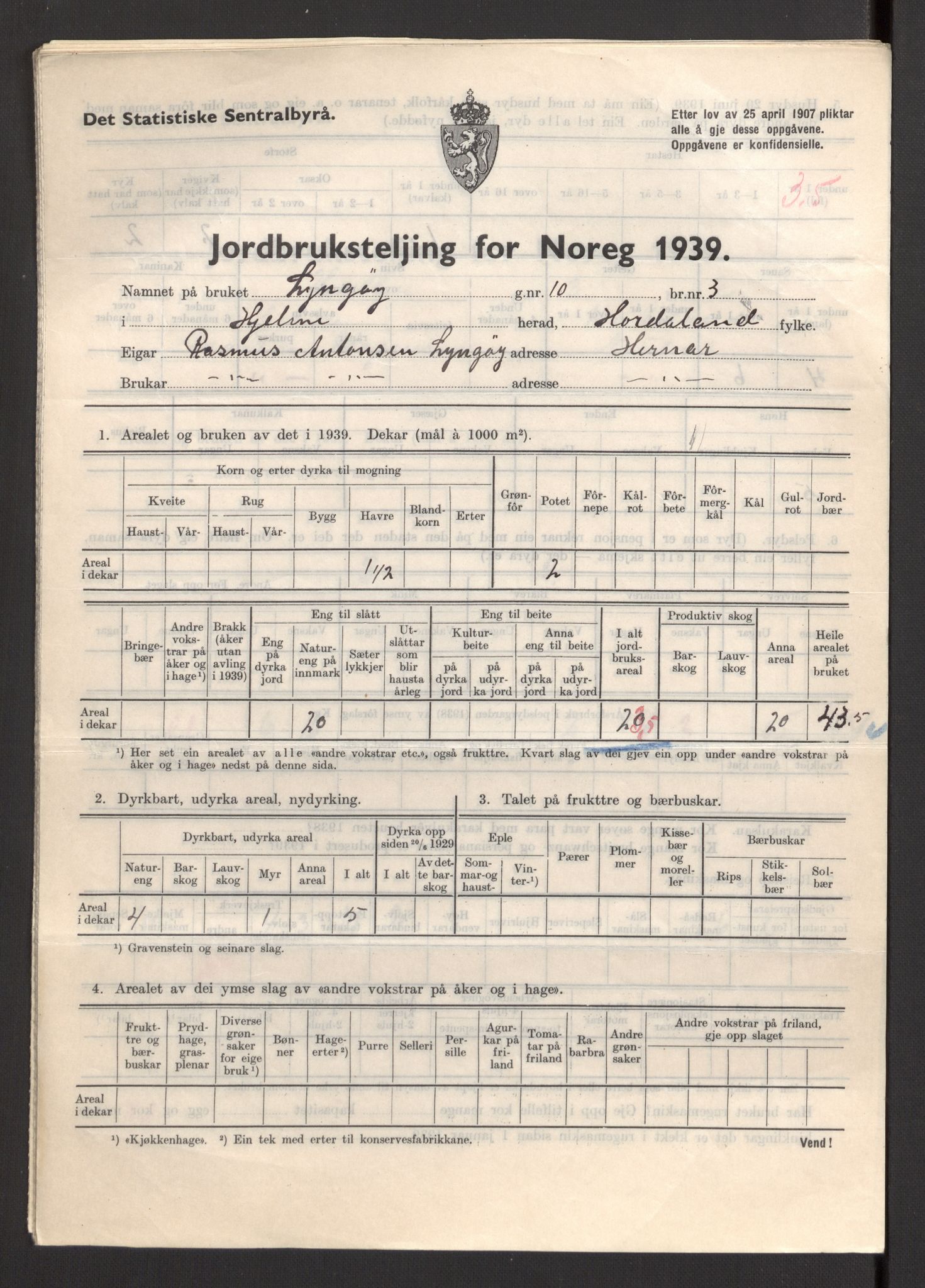 Statistisk sentralbyrå, Næringsøkonomiske emner, Jordbruk, skogbruk, jakt, fiske og fangst, AV/RA-S-2234/G/Gb/L0211: Hordaland: Herdla, Hjelme og Manger, 1939, p. 1341