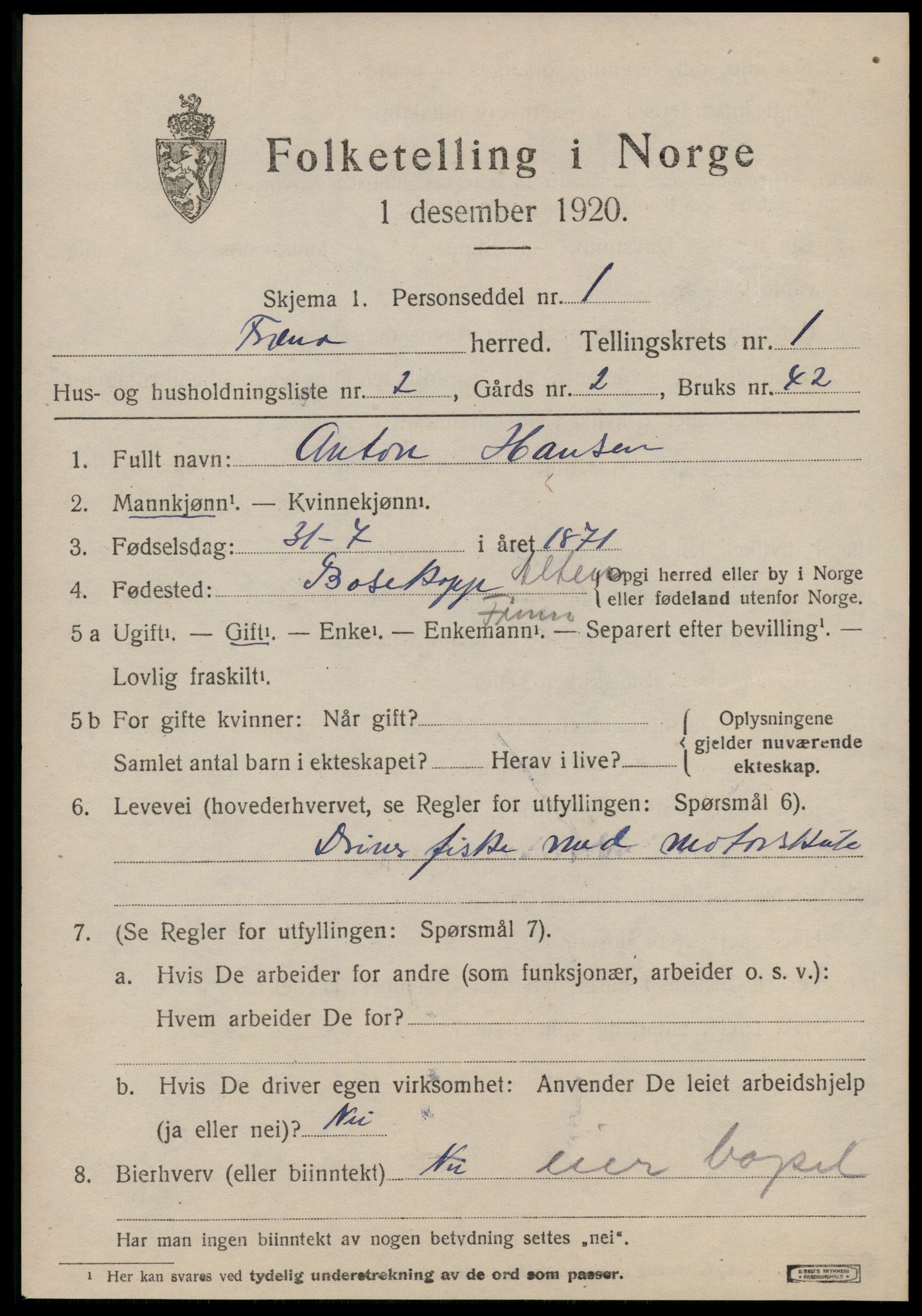 SAT, 1920 census for Fræna, 1920, p. 1117