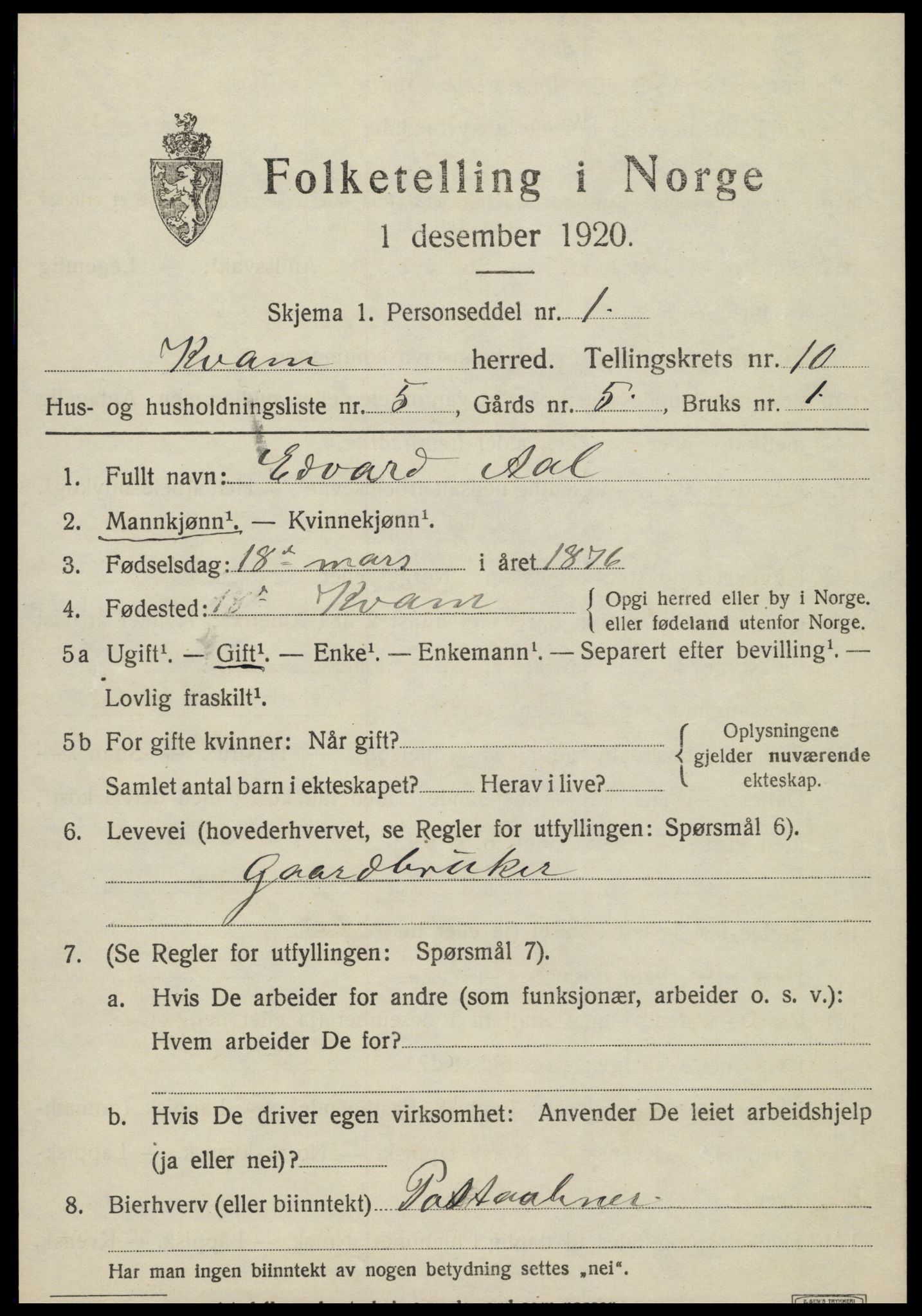 SAT, 1920 census for Kvam, 1920, p. 2547