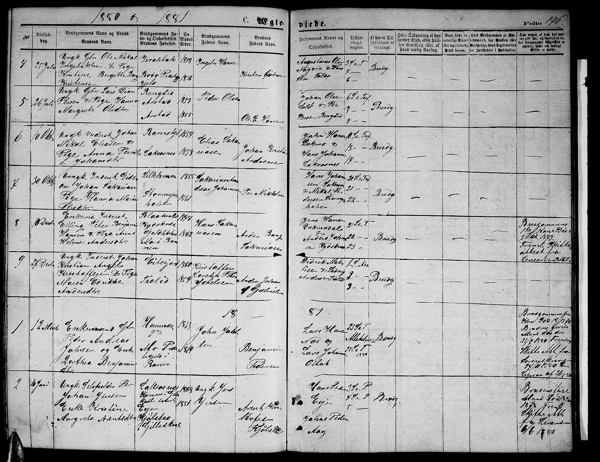 Ministerialprotokoller, klokkerbøker og fødselsregistre - Nordland, AV/SAT-A-1459/846/L0653: Parish register (copy) no. 846C03, 1872-1887, p. 196