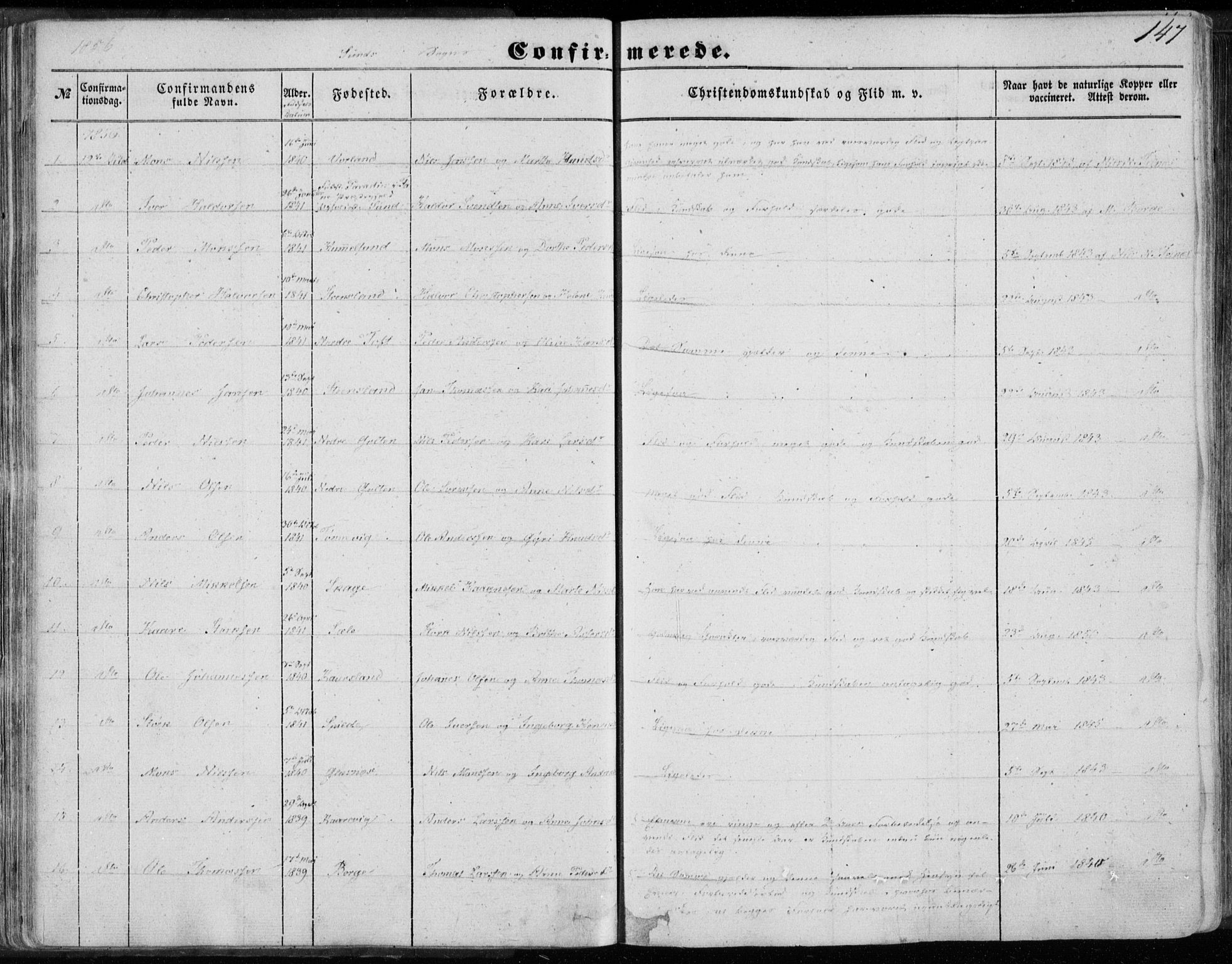 Sund sokneprestembete, SAB/A-99930: Parish register (official) no. A 14, 1850-1866, p. 147