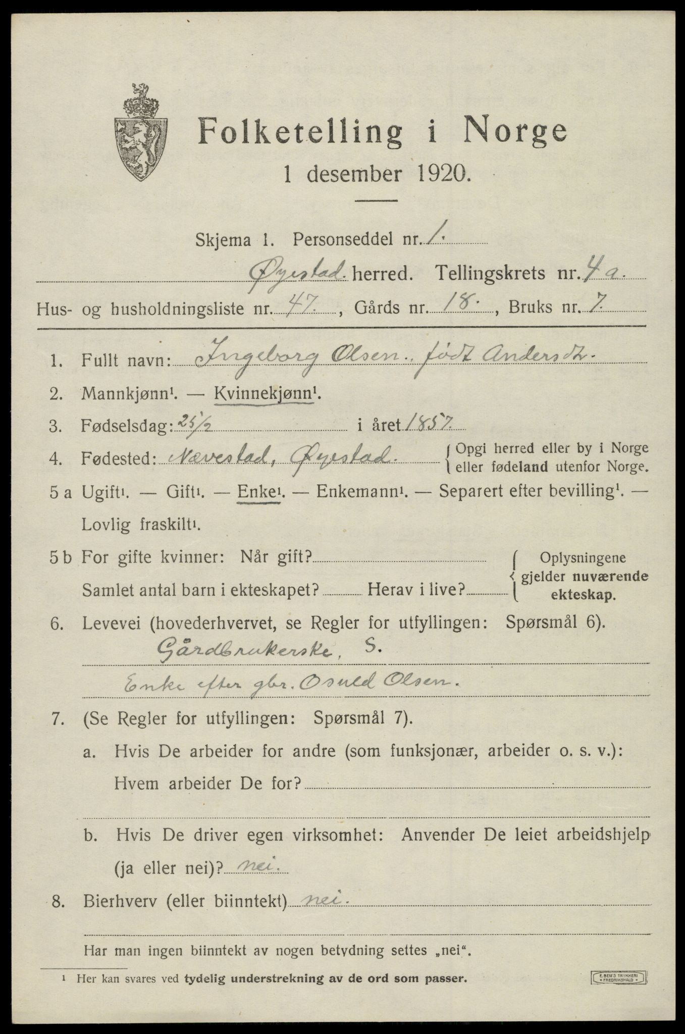 SAK, 1920 census for Øyestad, 1920, p. 3624