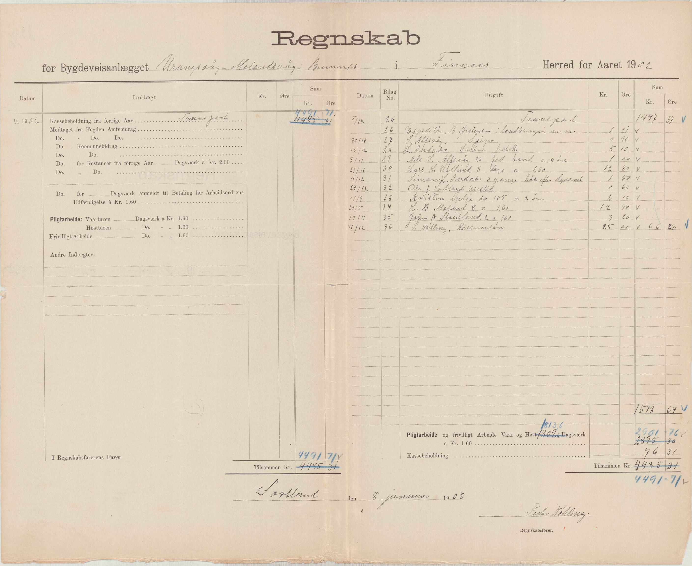 Finnaas kommune. Formannskapet, IKAH/1218a-021/E/Ea/L0002/0002: Rekneskap for veganlegg / Rekneskap for veganlegget Urangsvåg - Mælandsvåg, 1901-1903, p. 76