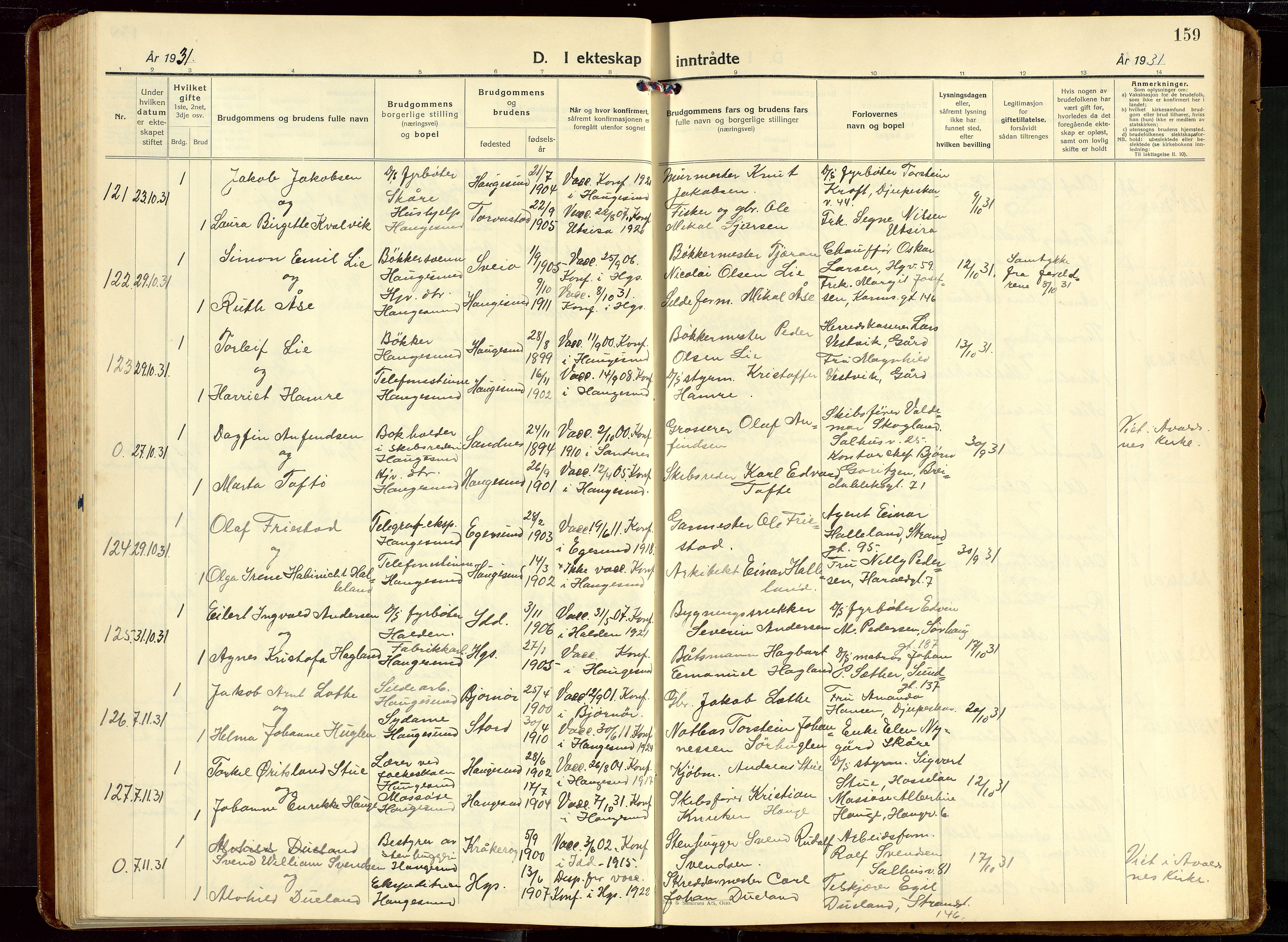 Haugesund sokneprestkontor, SAST/A -101863/H/Ha/Hab/L0013: Parish register (copy) no. B 13, 1931-1943, p. 159